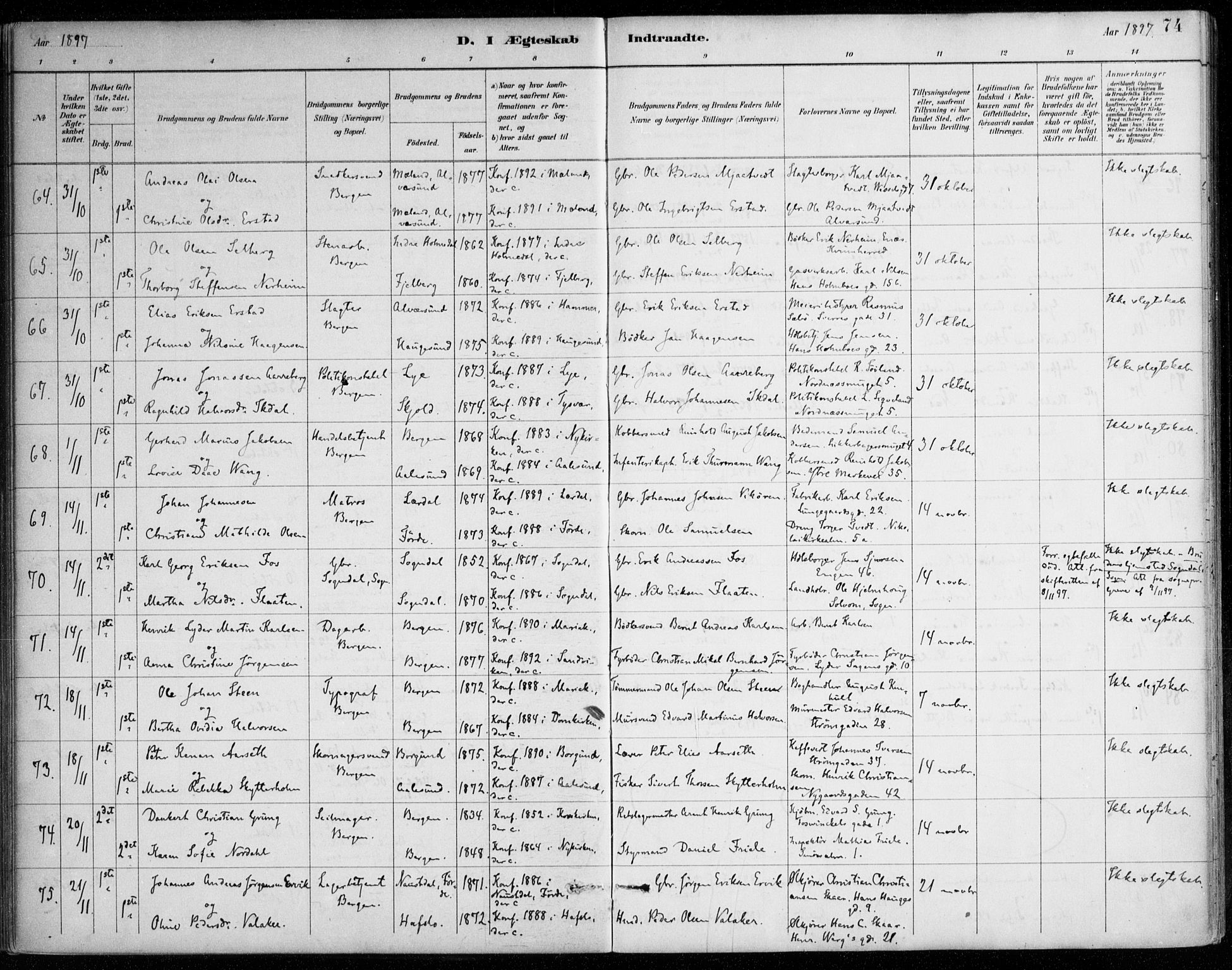 Johanneskirken sokneprestembete, SAB/A-76001/H/Haa/L0012: Parish register (official) no. D 1, 1885-1912, p. 74