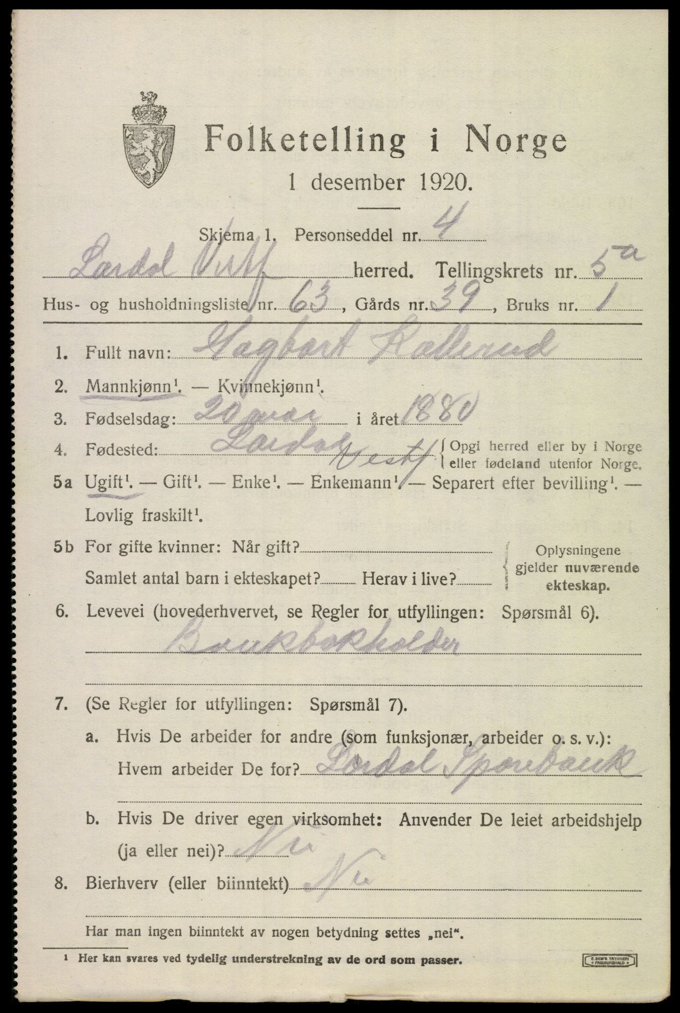 SAKO, 1920 census for Lardal, 1920, p. 5173