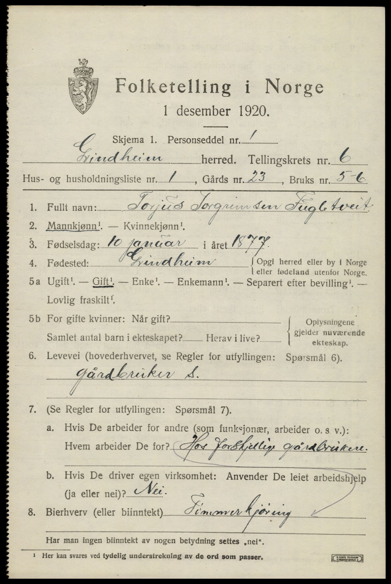 SAK, 1920 census for Grindheim, 1920, p. 1863