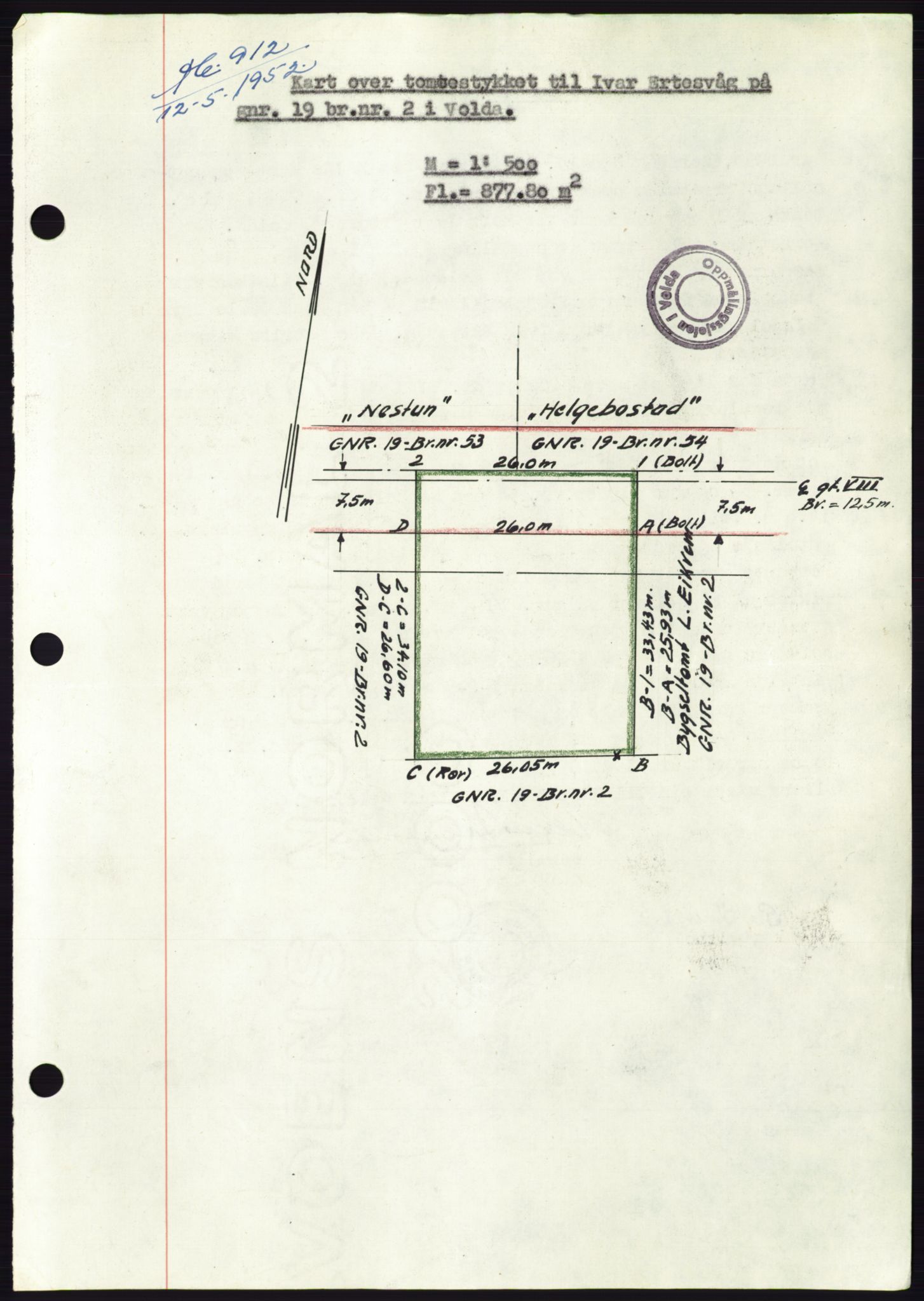 Søre Sunnmøre sorenskriveri, AV/SAT-A-4122/1/2/2C/L0092: Mortgage book no. 18A, 1952-1952, Diary no: : 912/1952