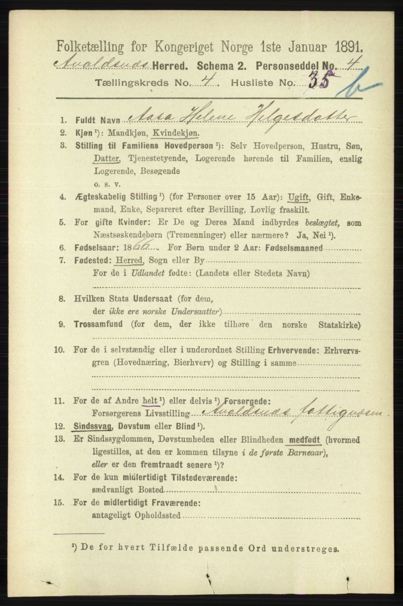 RA, 1891 census for 1147 Avaldsnes, 1891, p. 2982