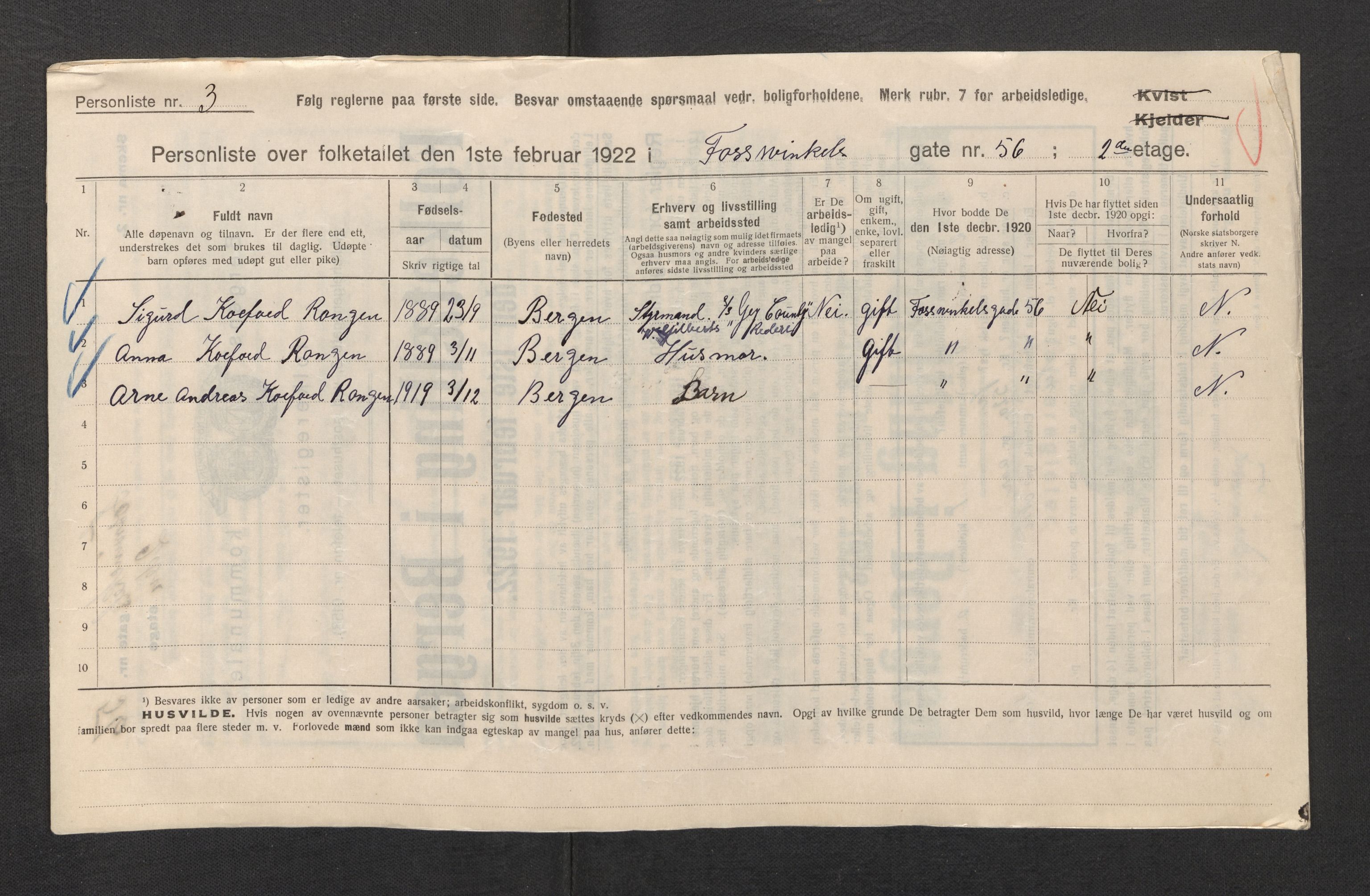 SAB, Municipal Census 1922 for Bergen, 1922, p. 8979