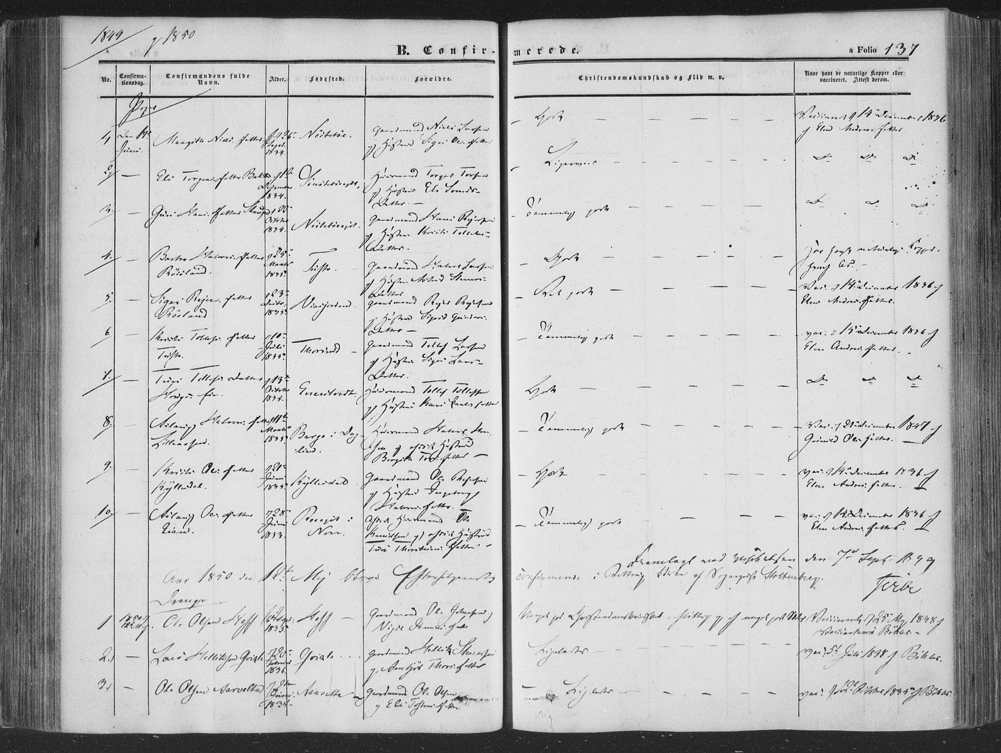 Rollag kirkebøker, AV/SAKO-A-240/F/Fa/L0008: Parish register (official) no. I 8, 1847-1860, p. 137