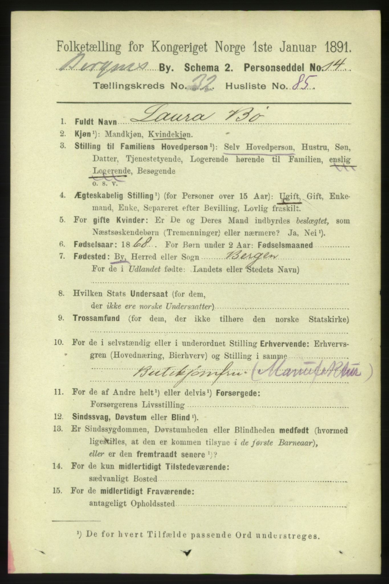 RA, 1891 Census for 1301 Bergen, 1891, p. 40914