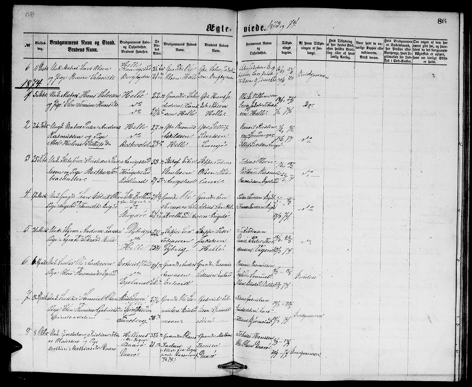 Herad sokneprestkontor, SAK/1111-0018/F/Fb/Fbb/L0003: Parish register (copy) no. B 3, 1872-1889, p. 86