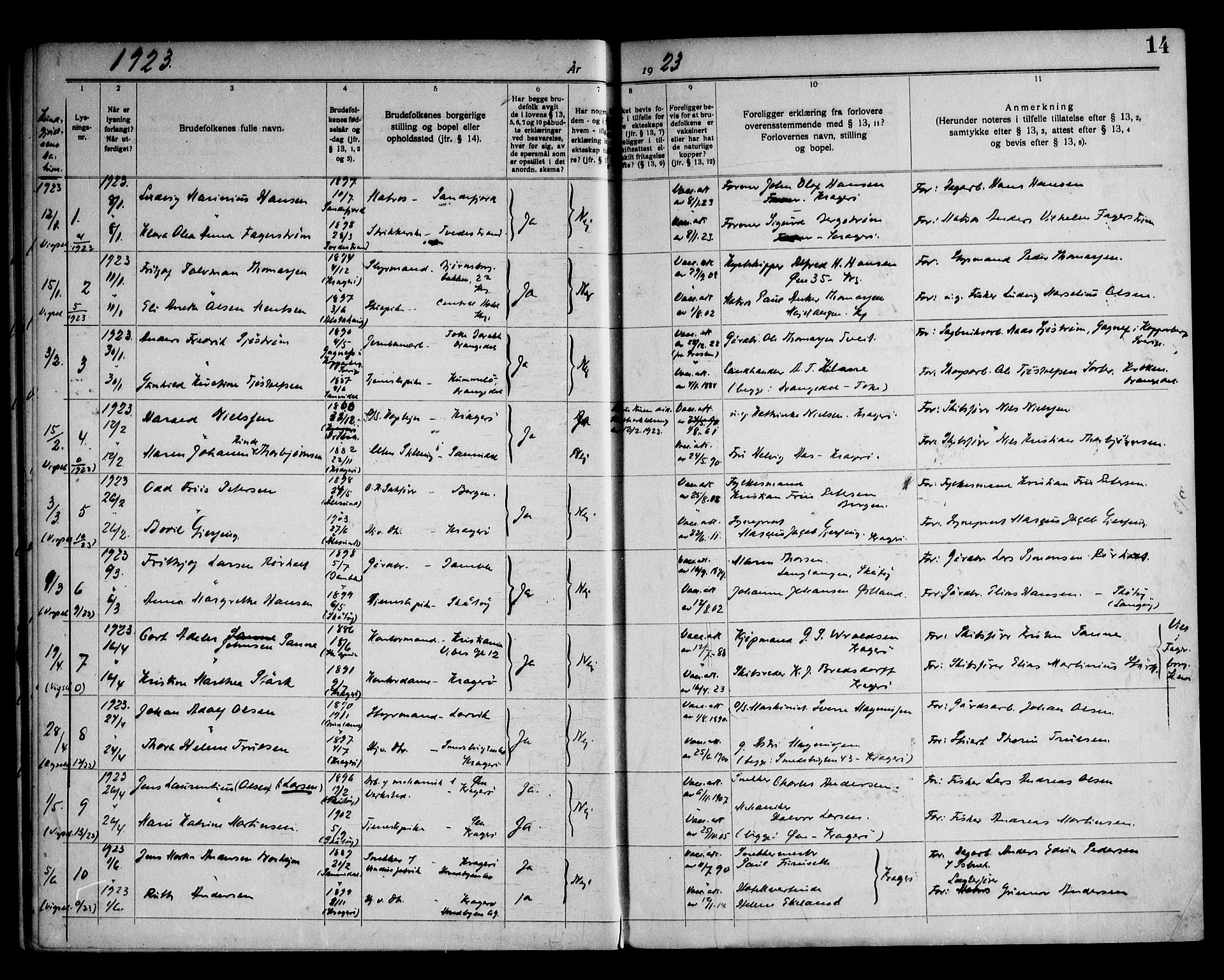 Kragerø kirkebøker, AV/SAKO-A-278/H/Ha/L0002: Banns register no. I 2, 1919-1953, p. 14