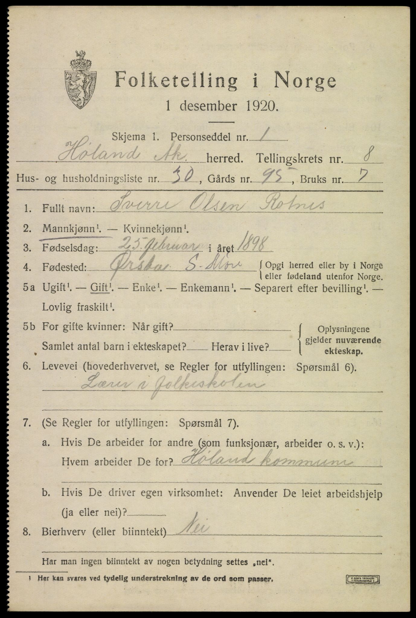 SAO, 1920 census for Høland, 1920, p. 10009