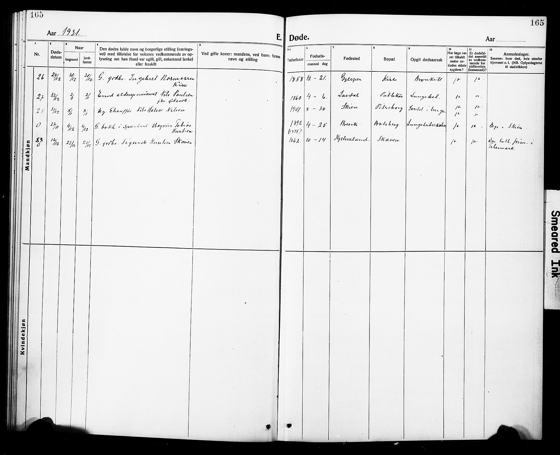 Gjerpen kirkebøker, SAKO/A-265/G/Ga/L0004: Parish register (copy) no. I 4, 1920-1931, p. 165