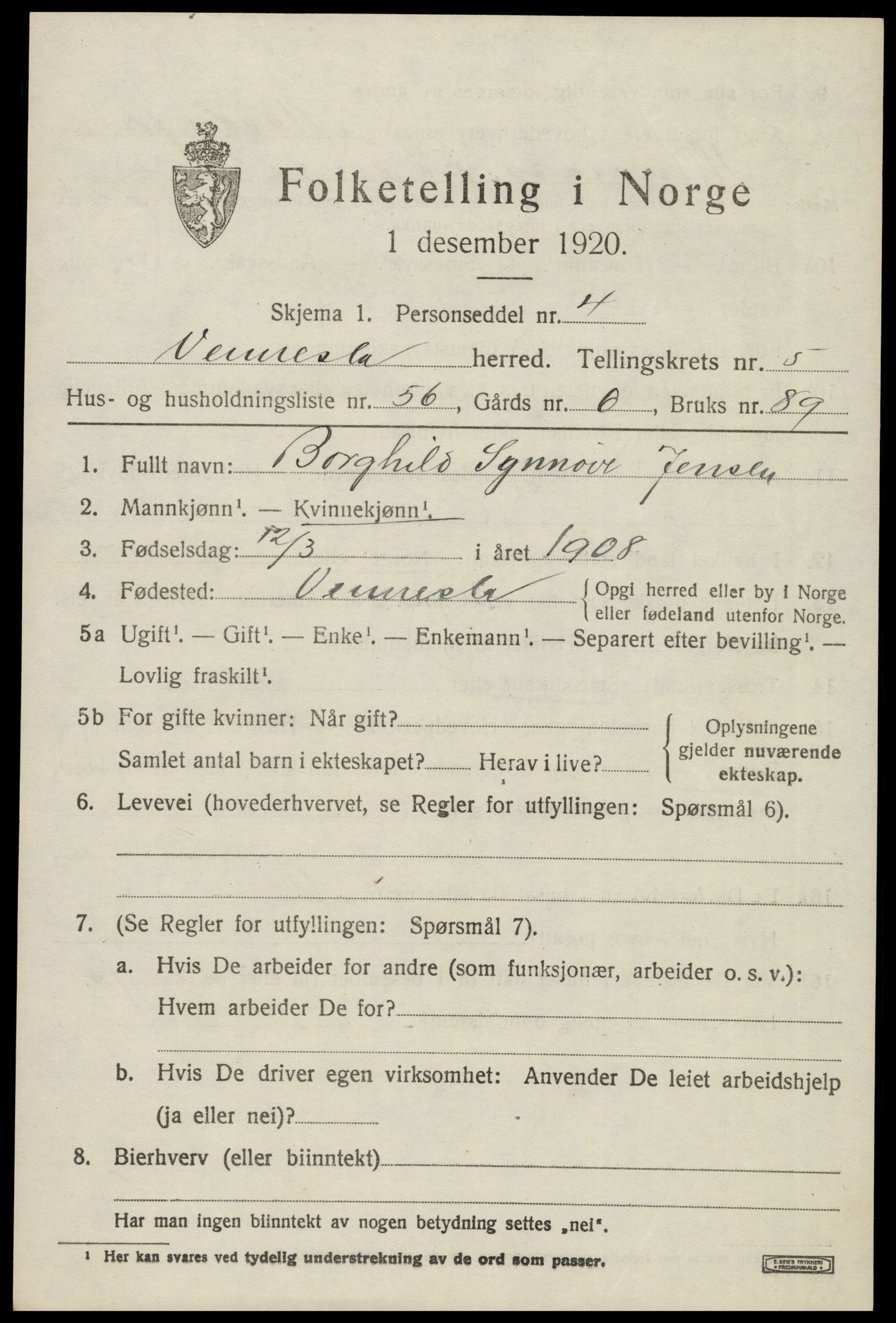 SAK, 1920 census for Vennesla, 1920, p. 4140