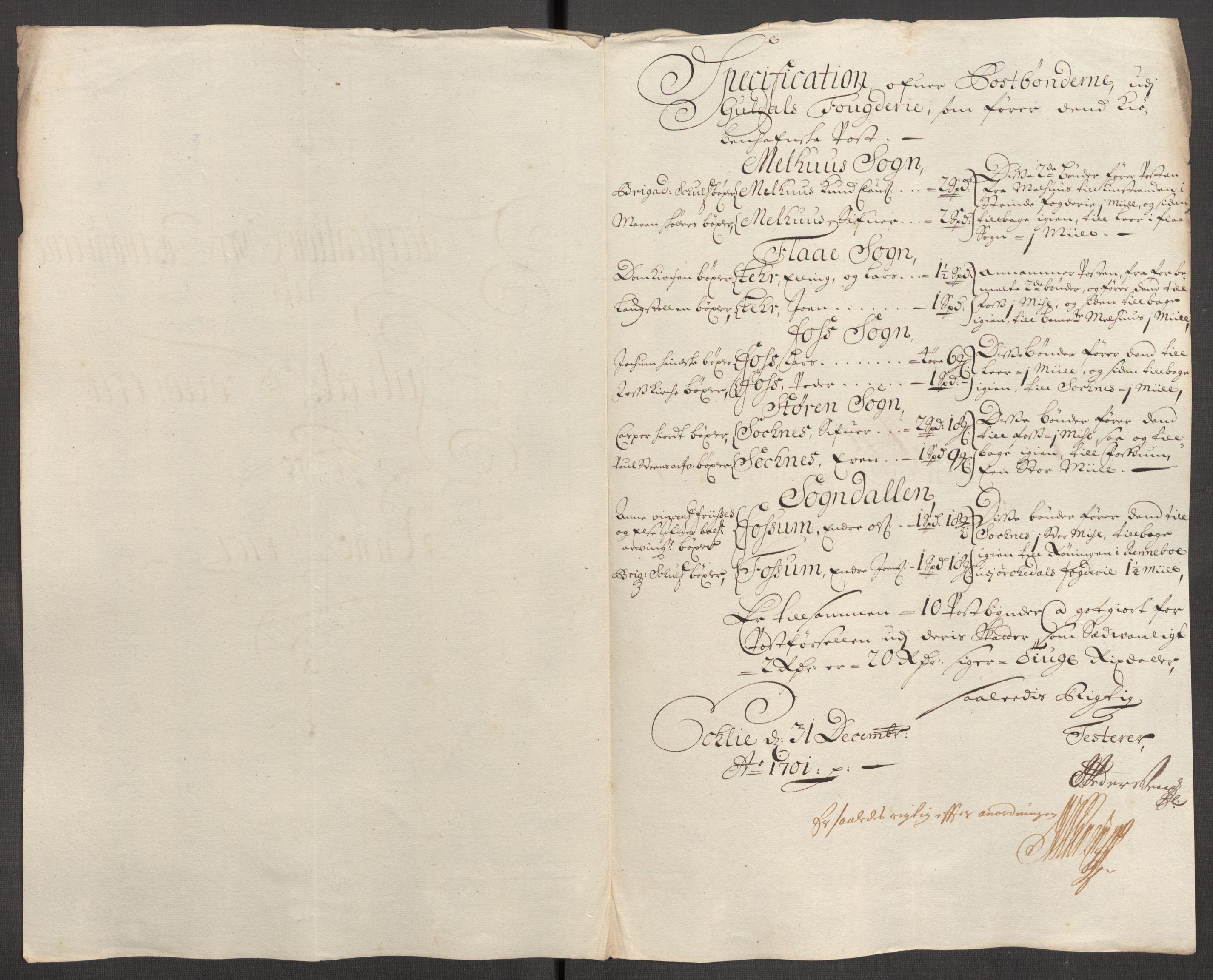 Rentekammeret inntil 1814, Reviderte regnskaper, Fogderegnskap, AV/RA-EA-4092/R60/L3951: Fogderegnskap Orkdal og Gauldal, 1701, p. 288