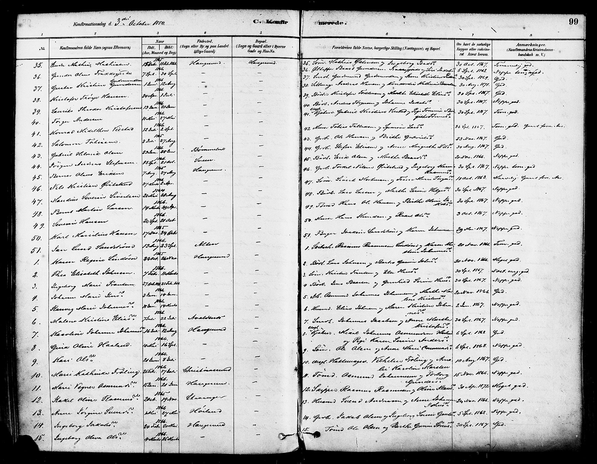 Haugesund sokneprestkontor, SAST/A -101863/H/Ha/Haa/L0001: Parish register (official) no. A 1, 1878-1885, p. 99
