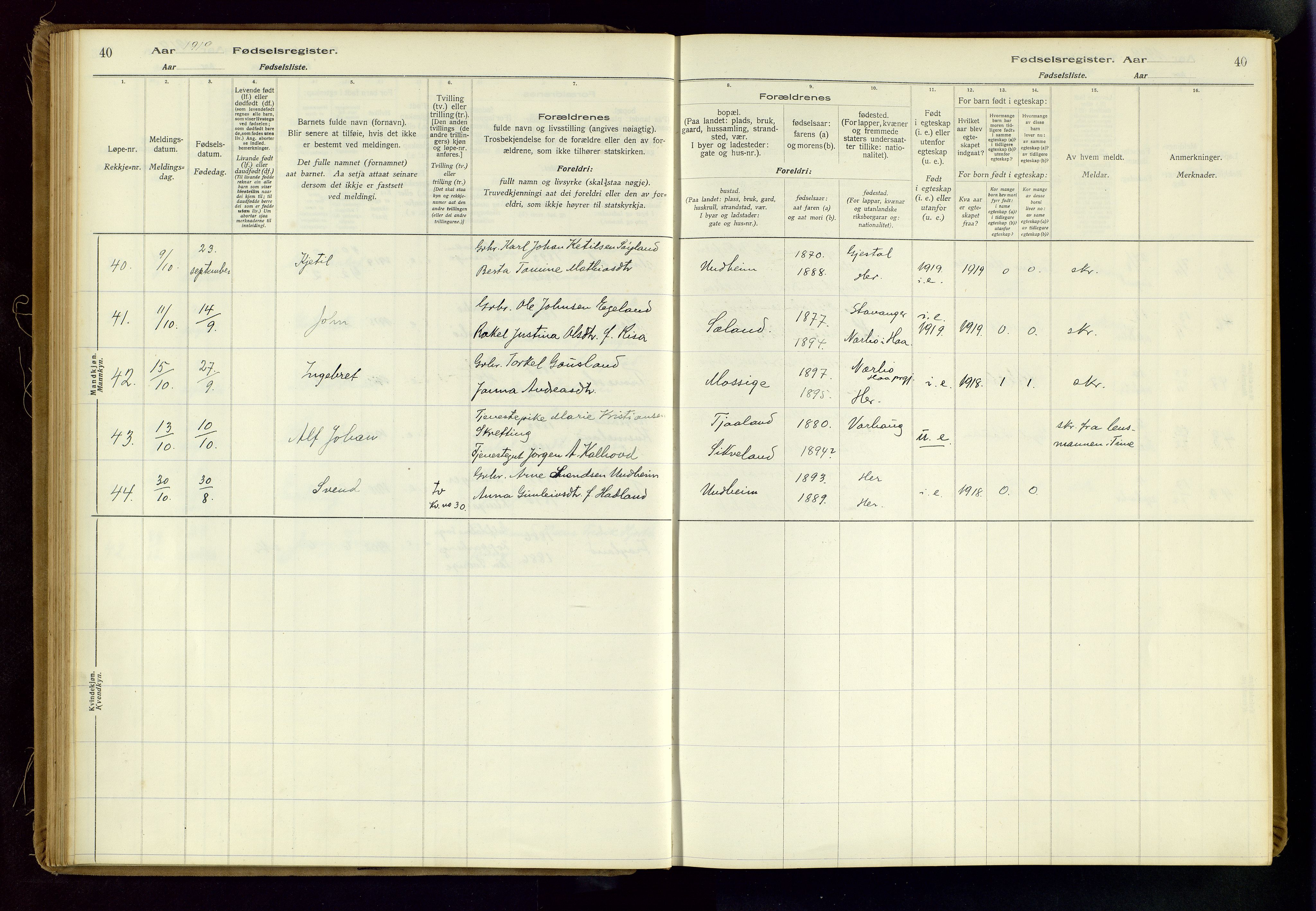 Time sokneprestkontor, AV/SAST-A-101795/001/704BA/L0001: Birth register no. 1, 1916-1934, p. 40