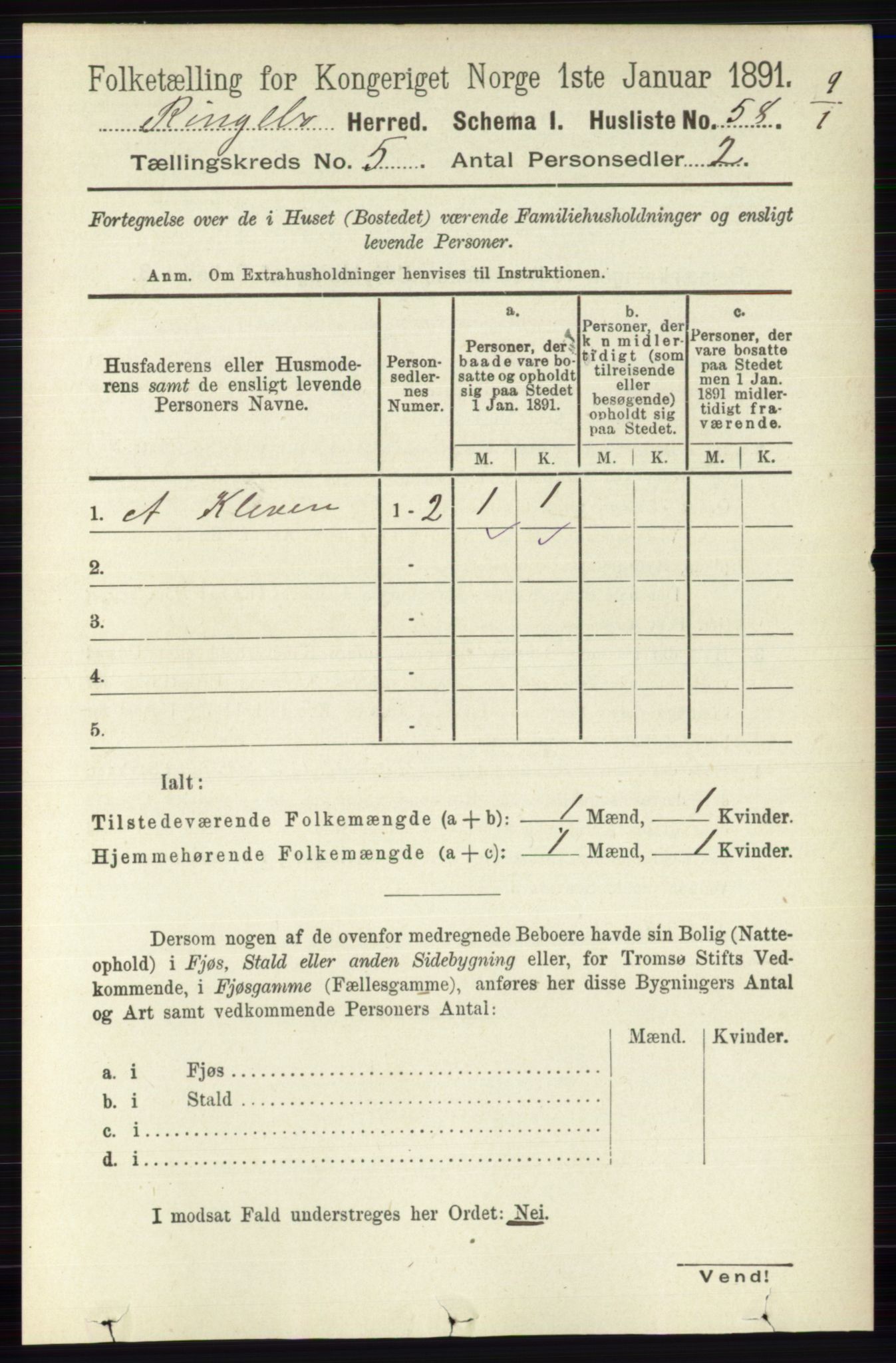 RA, 1891 census for 0520 Ringebu, 1891, p. 1957