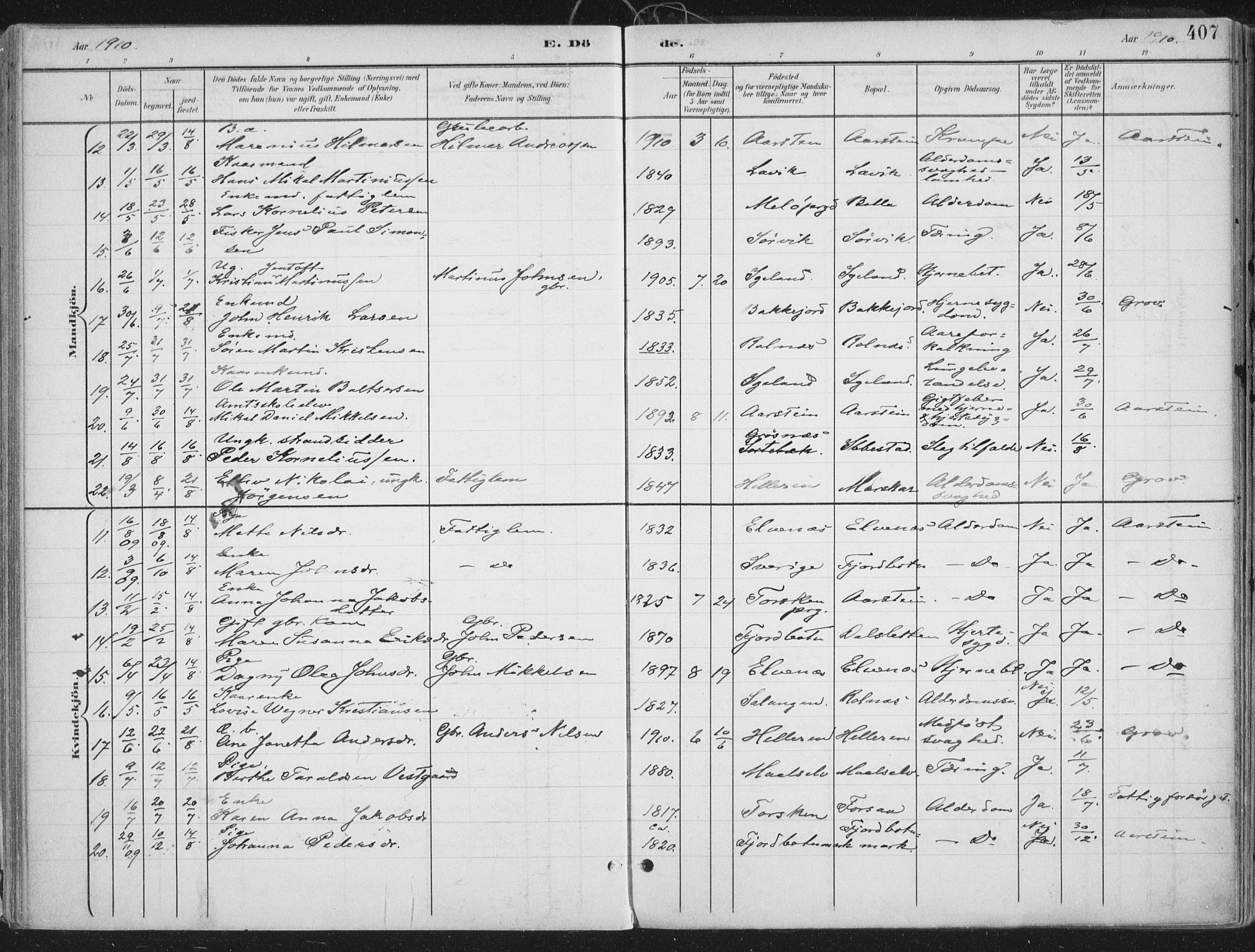 Ibestad sokneprestembete, AV/SATØ-S-0077/H/Ha/Haa/L0017kirke: Parish register (official) no. 17, 1901-1914, p. 407