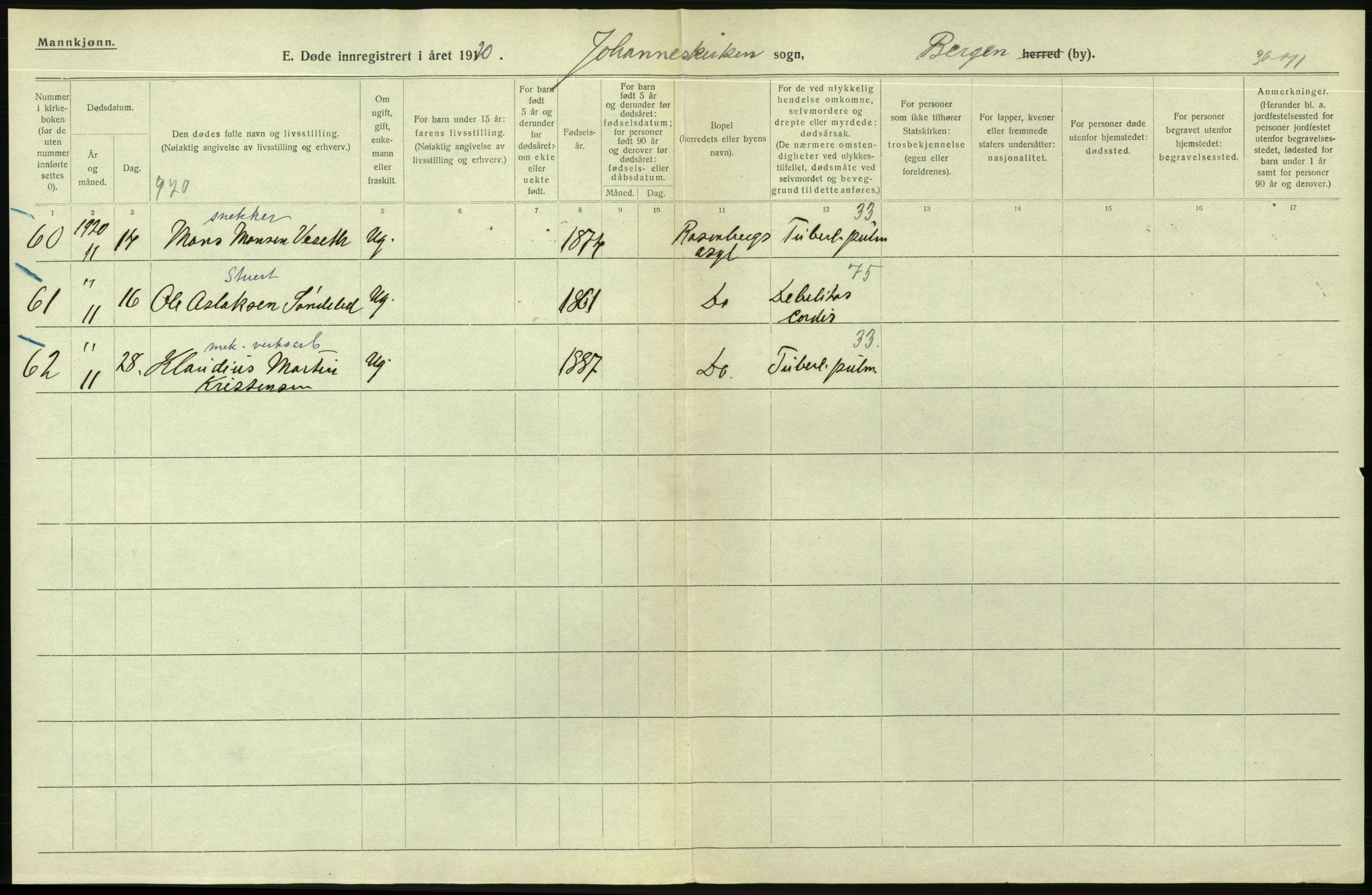 Statistisk sentralbyrå, Sosiodemografiske emner, Befolkning, AV/RA-S-2228/D/Df/Dfb/Dfbj/L0042: Bergen: Gifte, døde, dødfødte., 1920, p. 570