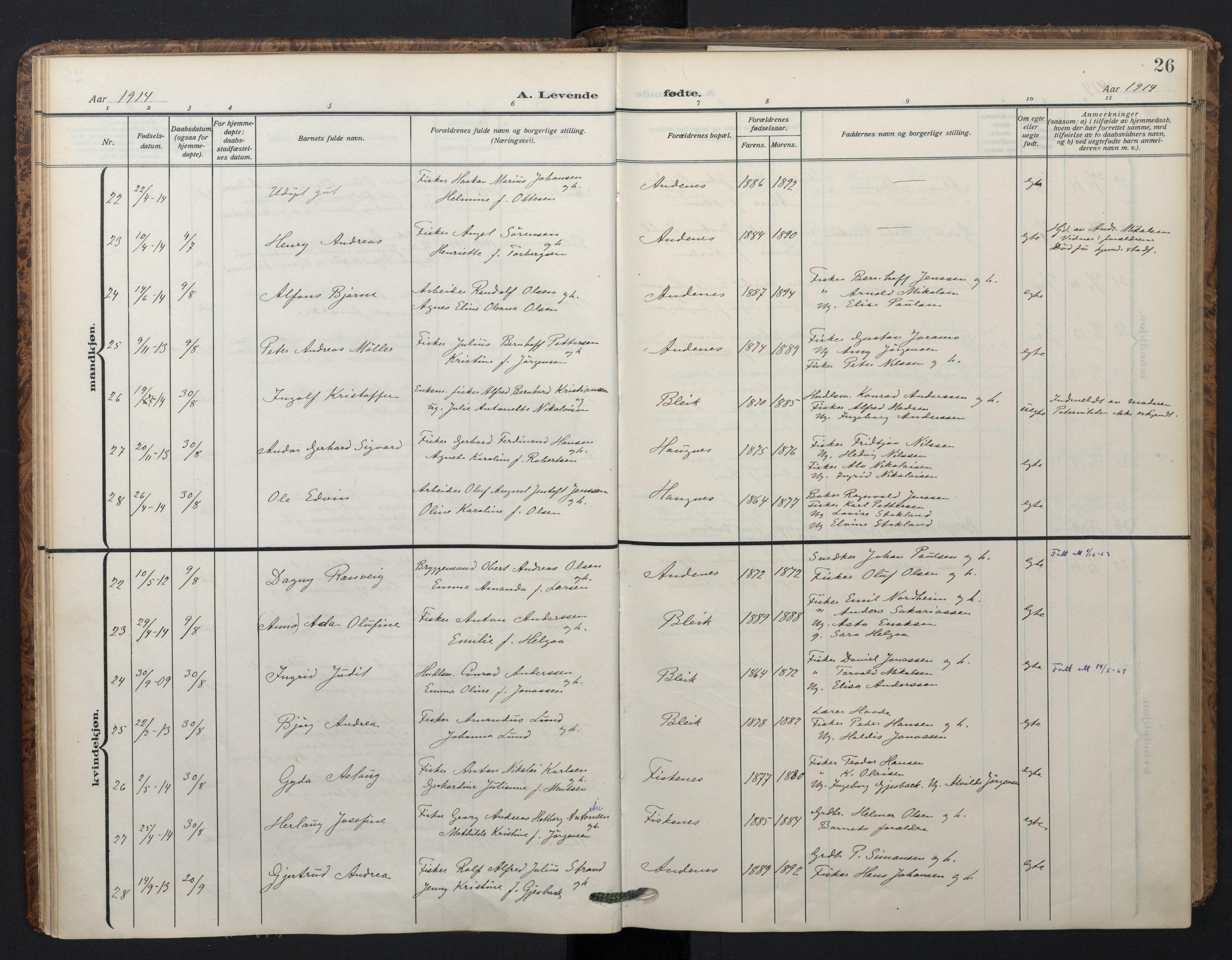 Ministerialprotokoller, klokkerbøker og fødselsregistre - Nordland, SAT/A-1459/899/L1438: Parish register (official) no. 899A06, 1909-1922, p. 26
