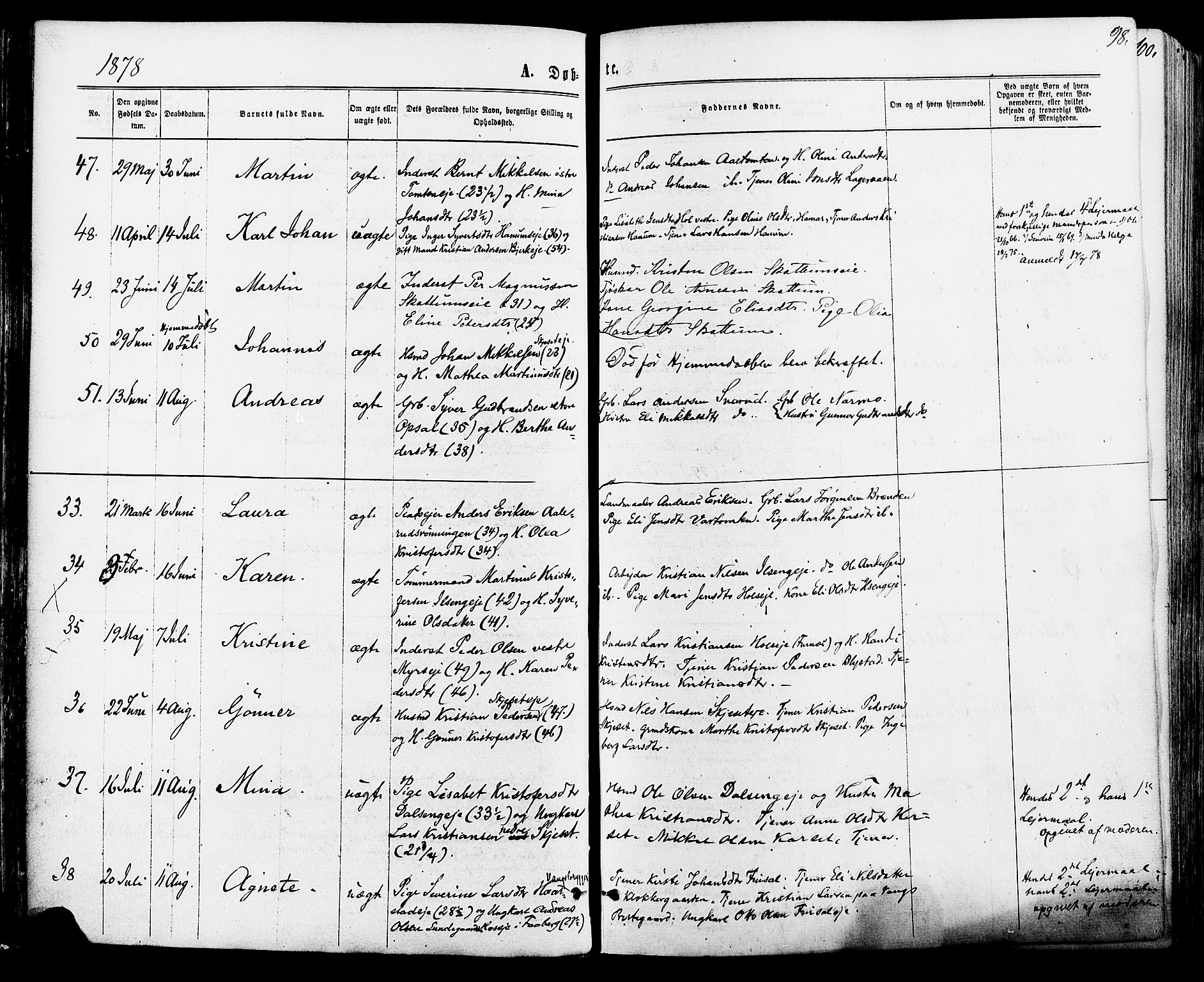 Vang prestekontor, Hedmark, SAH/PREST-008/H/Ha/Haa/L0015: Parish register (official) no. 15, 1871-1885, p. 98