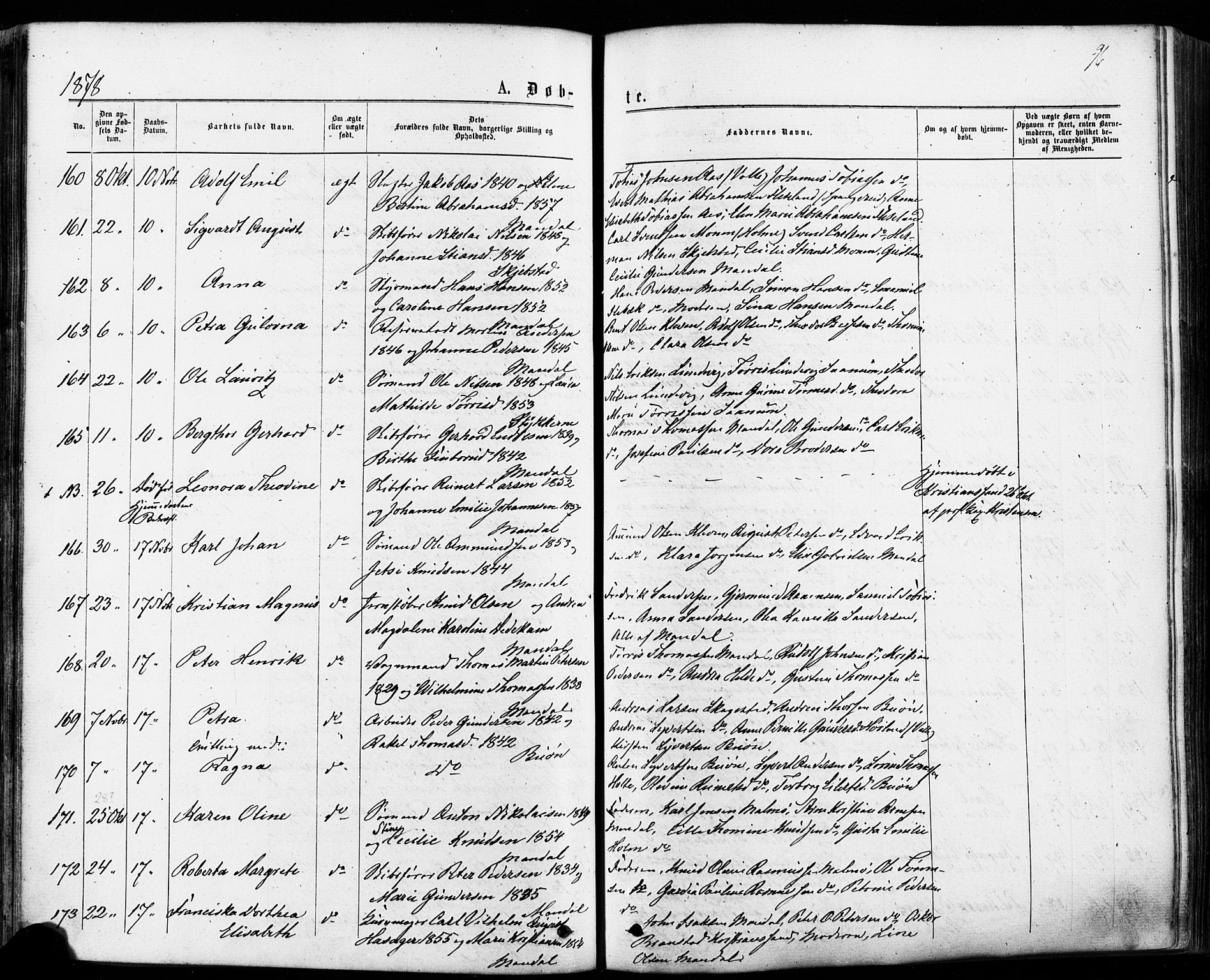 Mandal sokneprestkontor, AV/SAK-1111-0030/F/Fa/Faa/L0015: Parish register (official) no. A 15, 1873-1879, p. 96