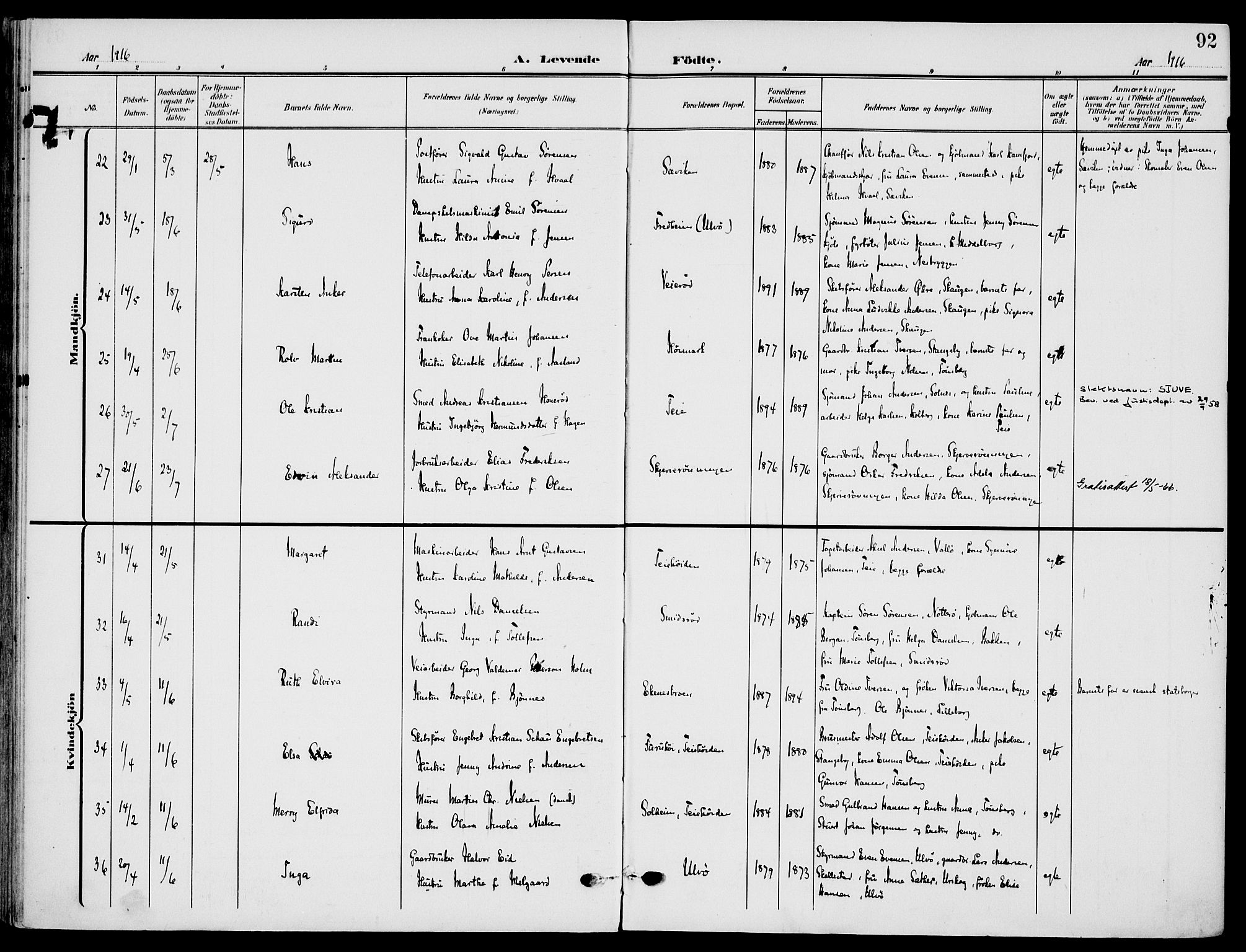 Nøtterøy kirkebøker, AV/SAKO-A-354/F/Fa/L0010: Parish register (official) no. I 10, 1908-1919, p. 92