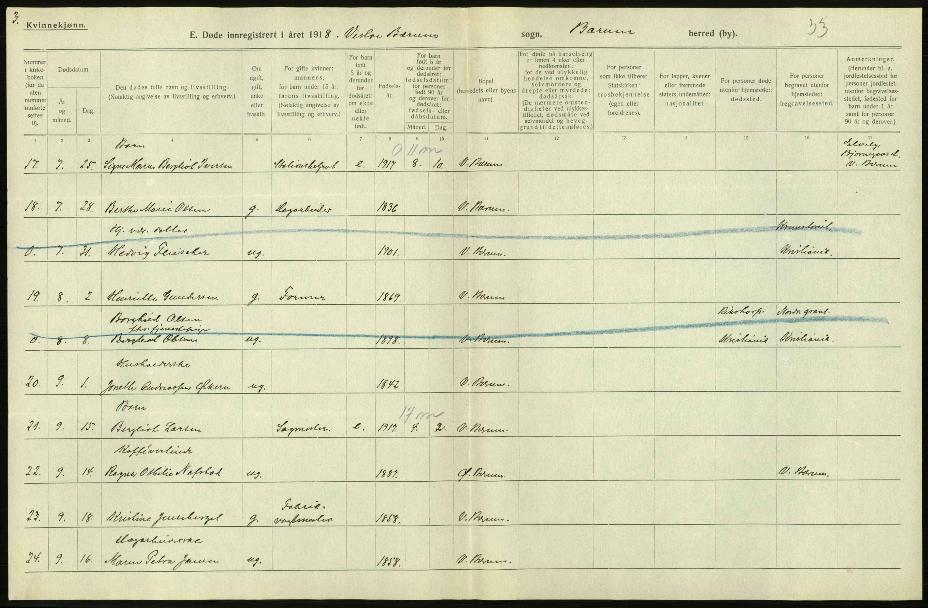 Statistisk sentralbyrå, Sosiodemografiske emner, Befolkning, AV/RA-S-2228/D/Df/Dfb/Dfbh/L0006: Akershus fylke: Døde. Bygder og byer., 1918, p. 500