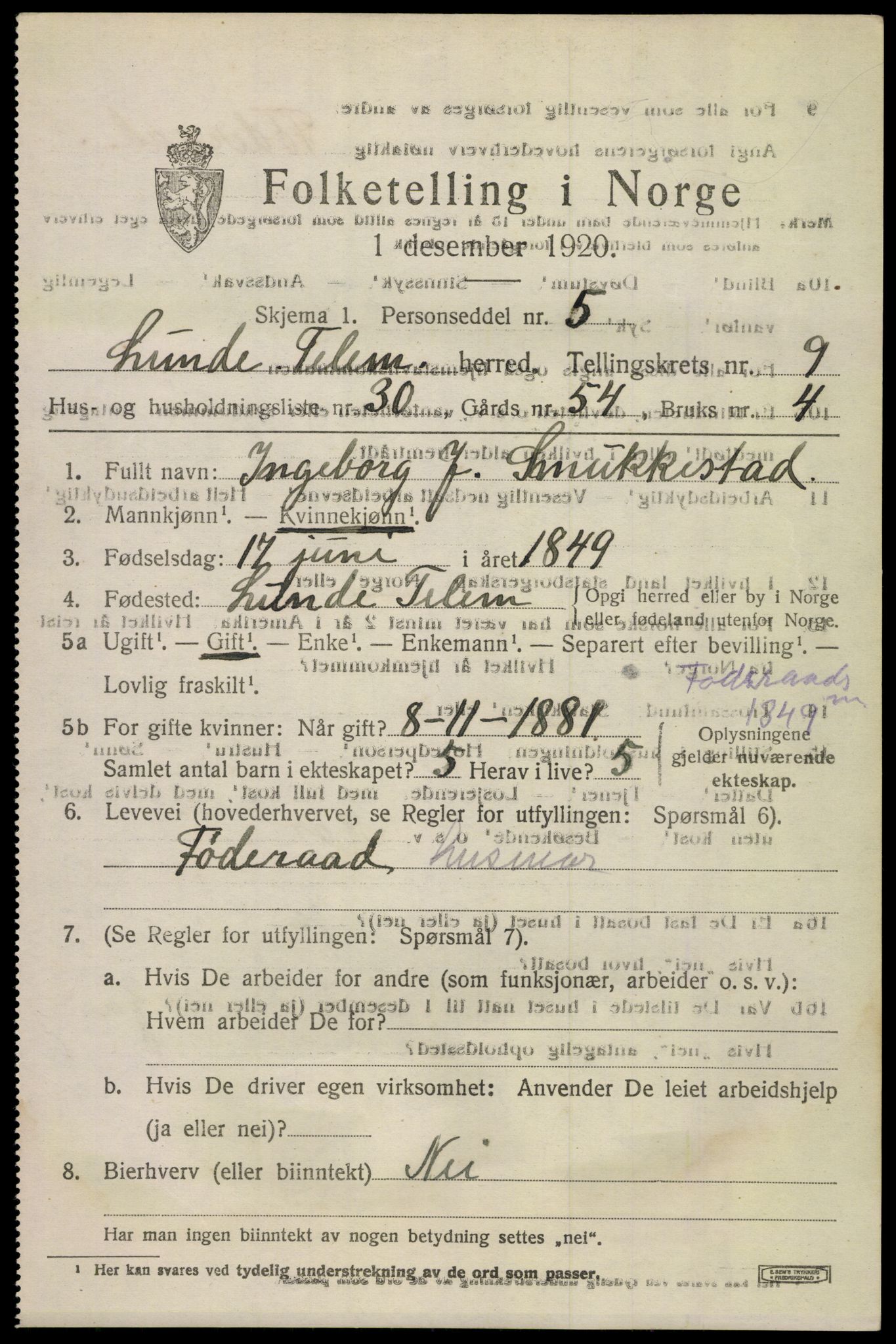 SAKO, 1920 census for Lunde, 1920, p. 5751