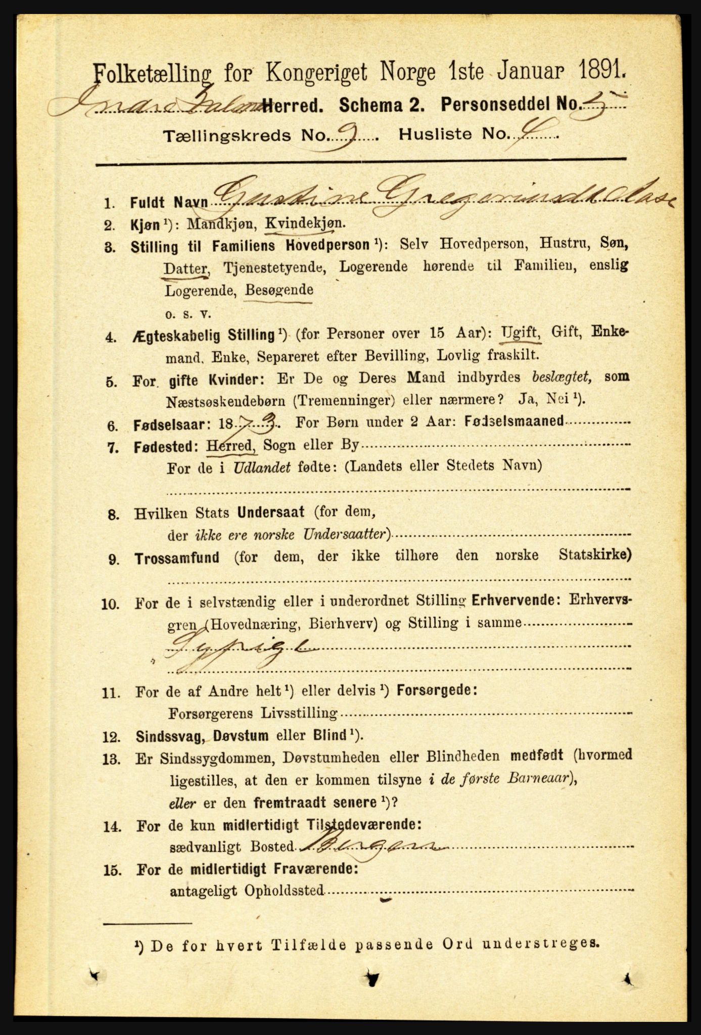 RA, 1891 census for 1430 Indre Holmedal, 1891, p. 4054