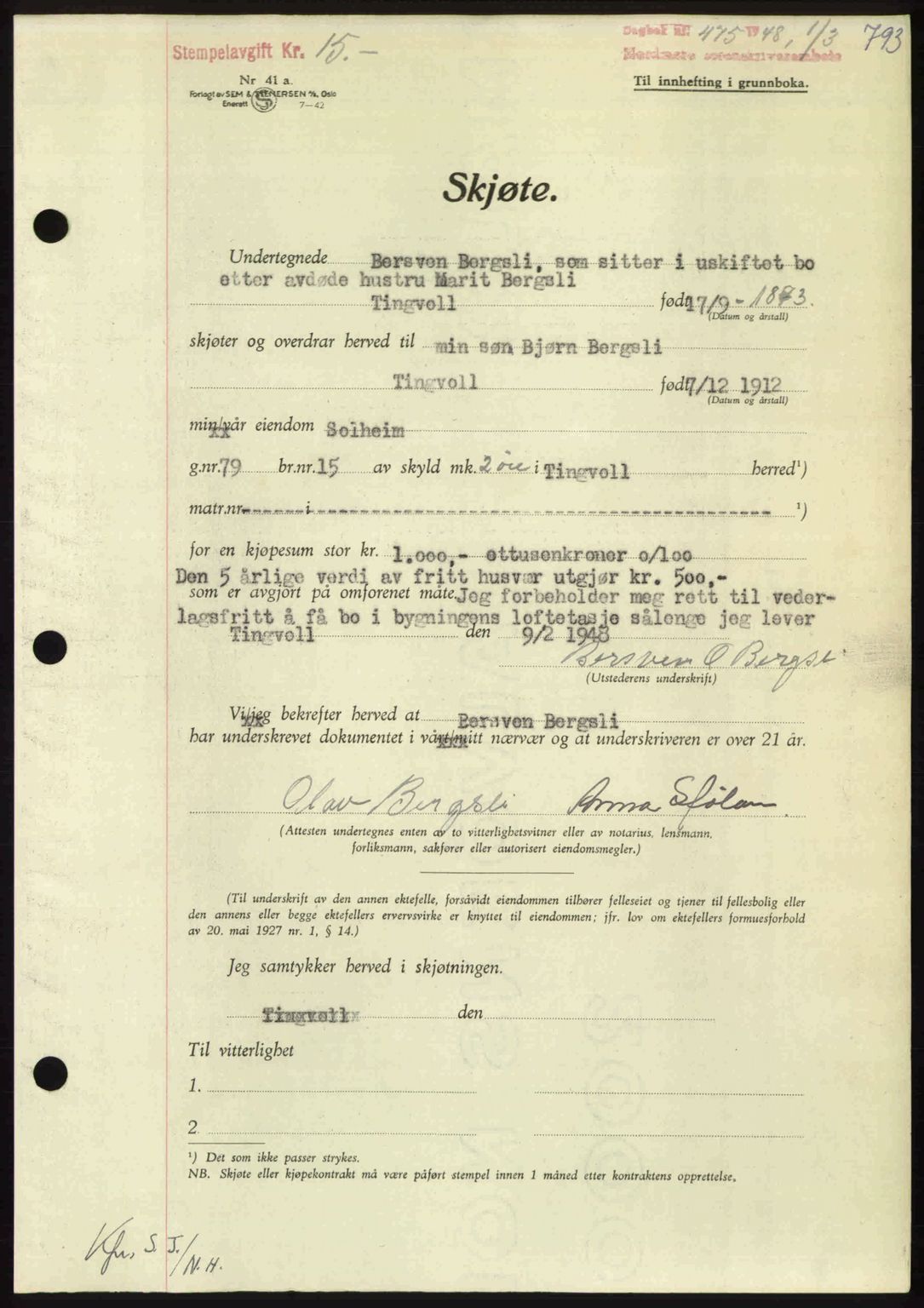 Nordmøre sorenskriveri, AV/SAT-A-4132/1/2/2Ca: Mortgage book no. A107, 1947-1948, Diary no: : 475/1948