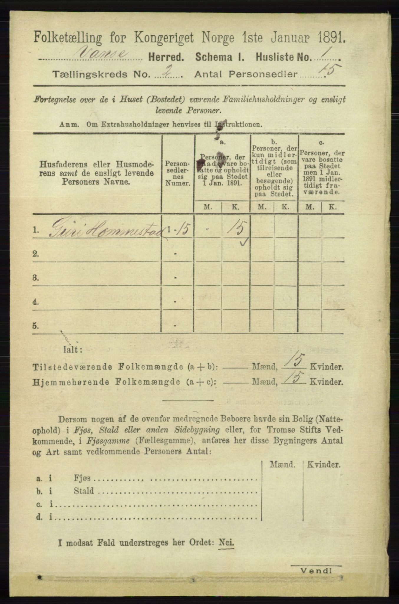 RA, 1891 census for 1041 Vanse, 1891, p. 465