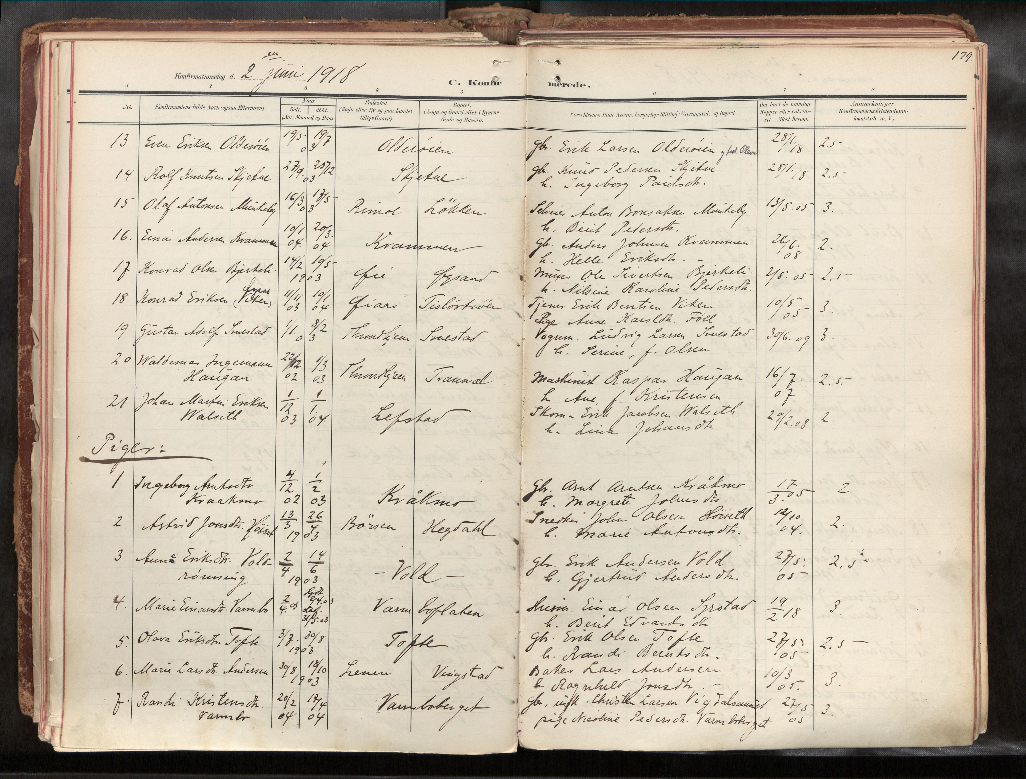 Ministerialprotokoller, klokkerbøker og fødselsregistre - Sør-Trøndelag, SAT/A-1456/691/L1085b: Parish register (official) no. 691A18, 1908-1930, p. 179