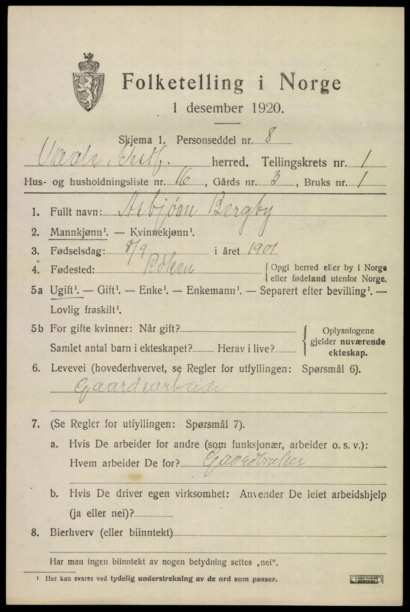 SAKO, 1920 census for Våle, 1920, p. 1248