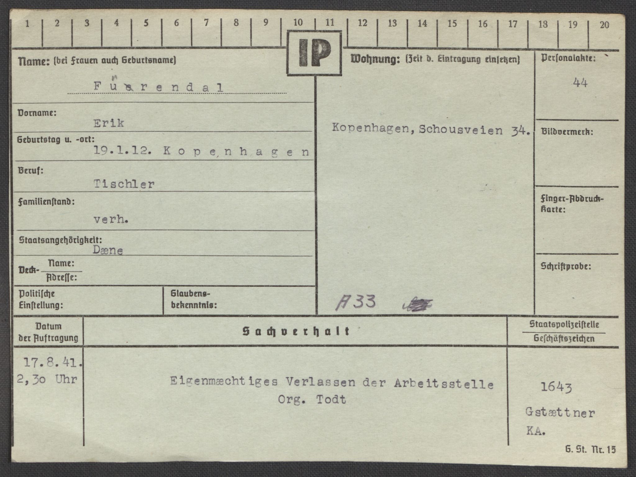 Befehlshaber der Sicherheitspolizei und des SD, RA/RAFA-5969/E/Ea/Eaa/L0003: Register over norske fanger i Møllergata 19: Eng-Hag, 1940-1945, p. 681