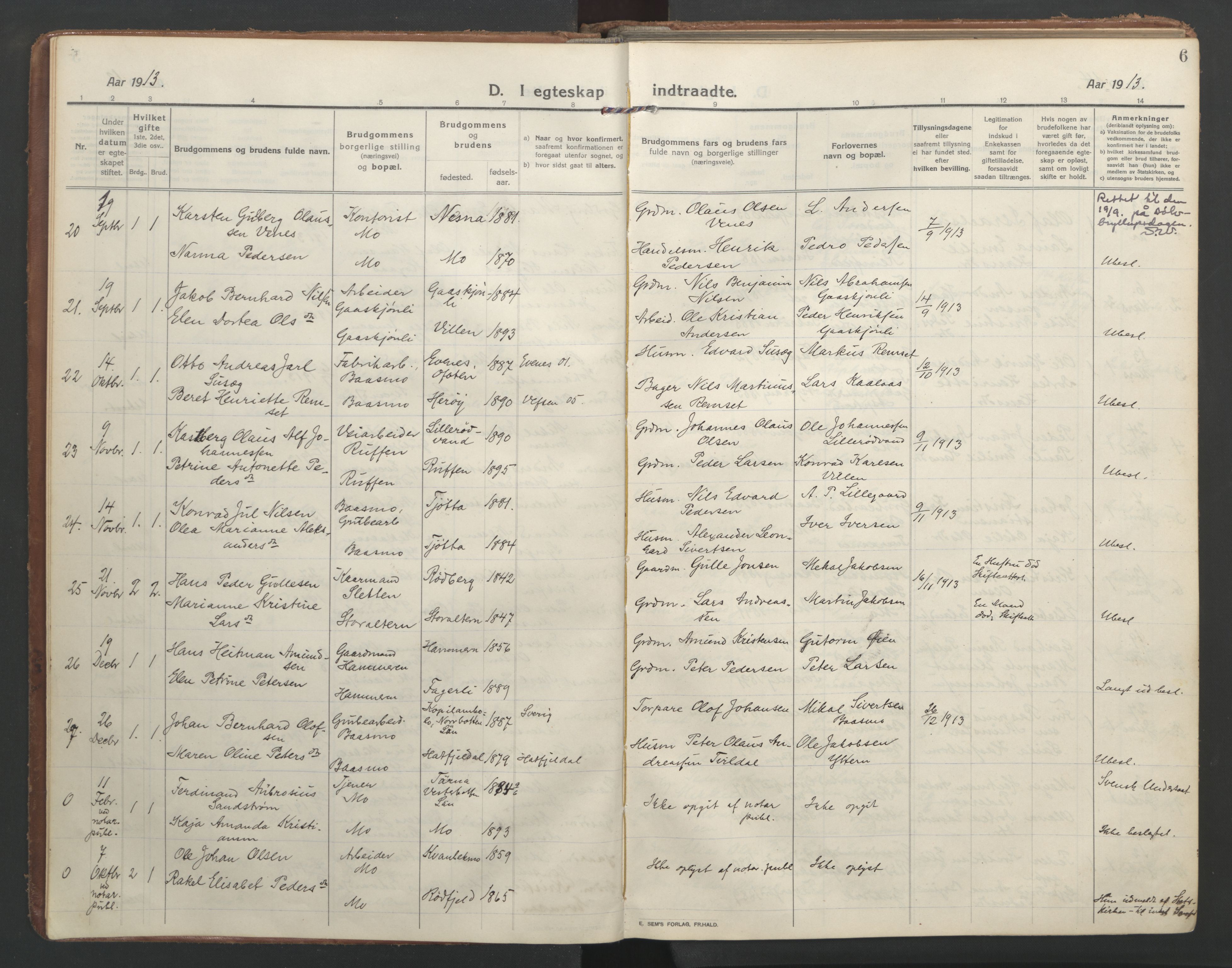 Ministerialprotokoller, klokkerbøker og fødselsregistre - Nordland, AV/SAT-A-1459/827/L0405: Parish register (official) no. 827A17, 1912-1925, p. 6