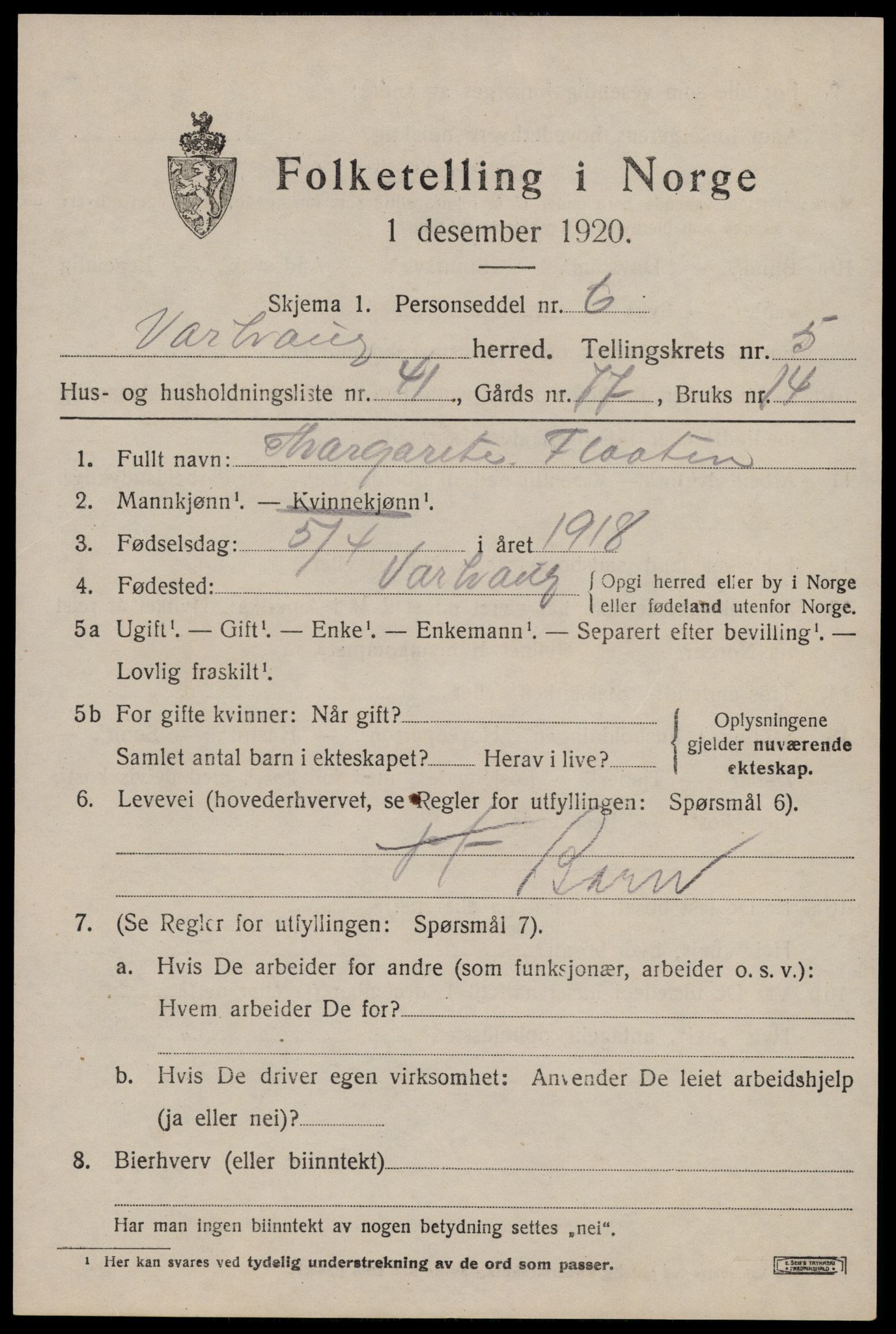 SAST, 1920 census for Varhaug, 1920, p. 4925