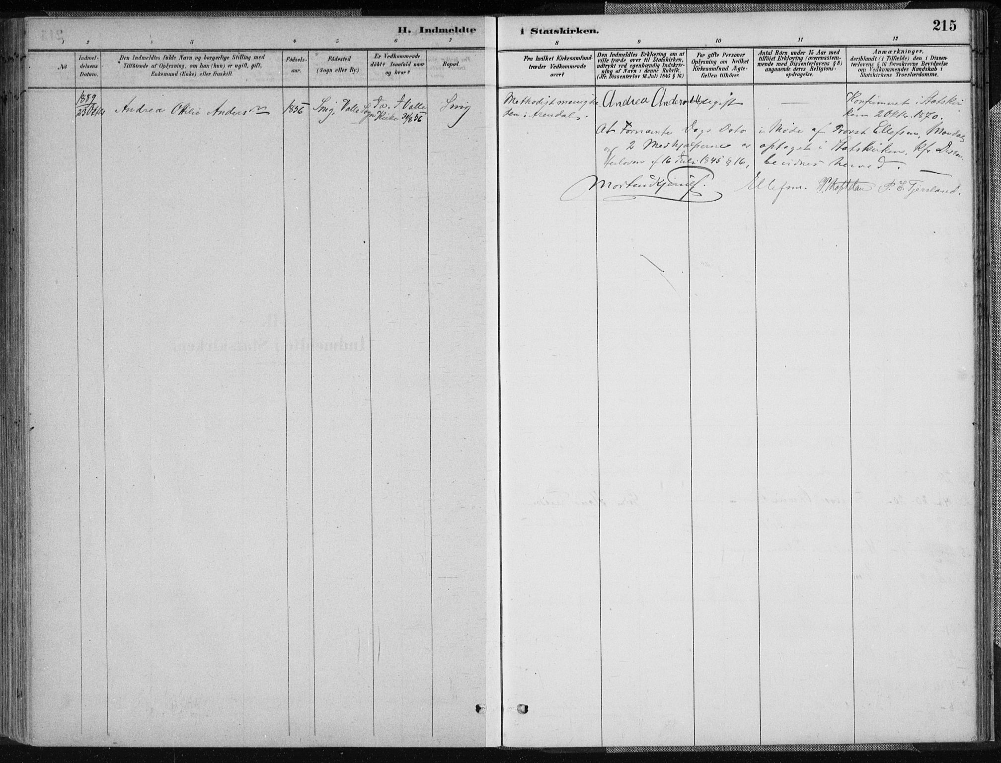 Sør-Audnedal sokneprestkontor, AV/SAK-1111-0039/F/Fa/Fab/L0009: Parish register (official) no. A 9, 1880-1895, p. 215