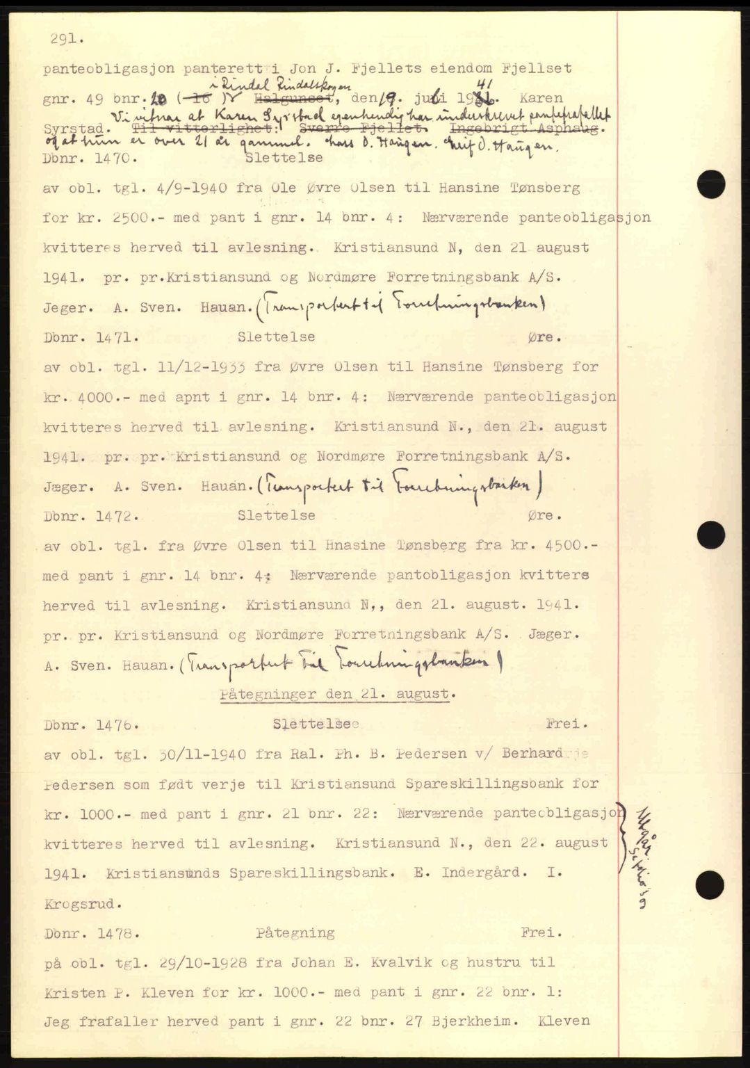 Nordmøre sorenskriveri, AV/SAT-A-4132/1/2/2Ca: Mortgage book no. C81, 1940-1945, Diary no: : 1470/1941