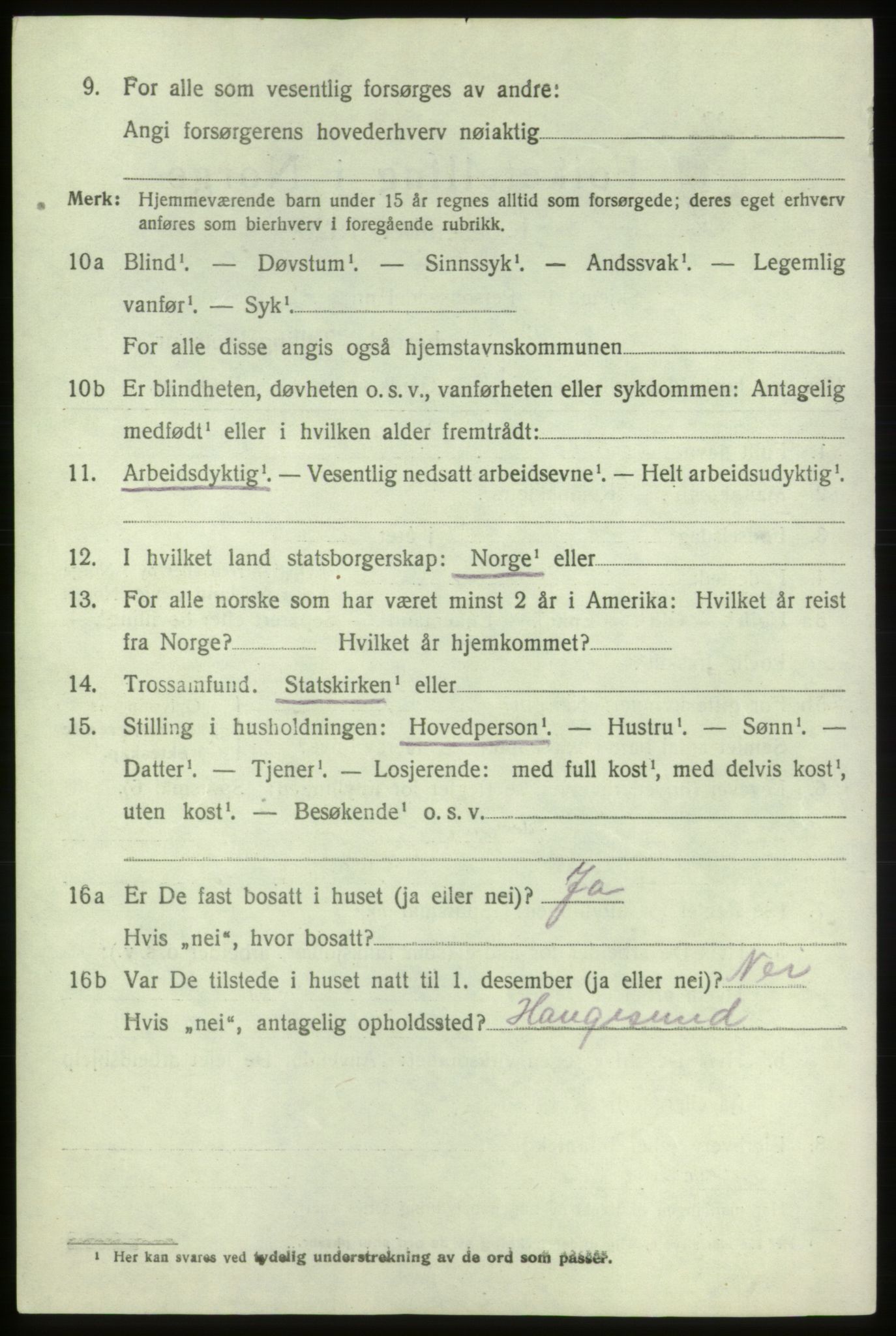 SAB, 1920 census for Sveio, 1920, p. 1303