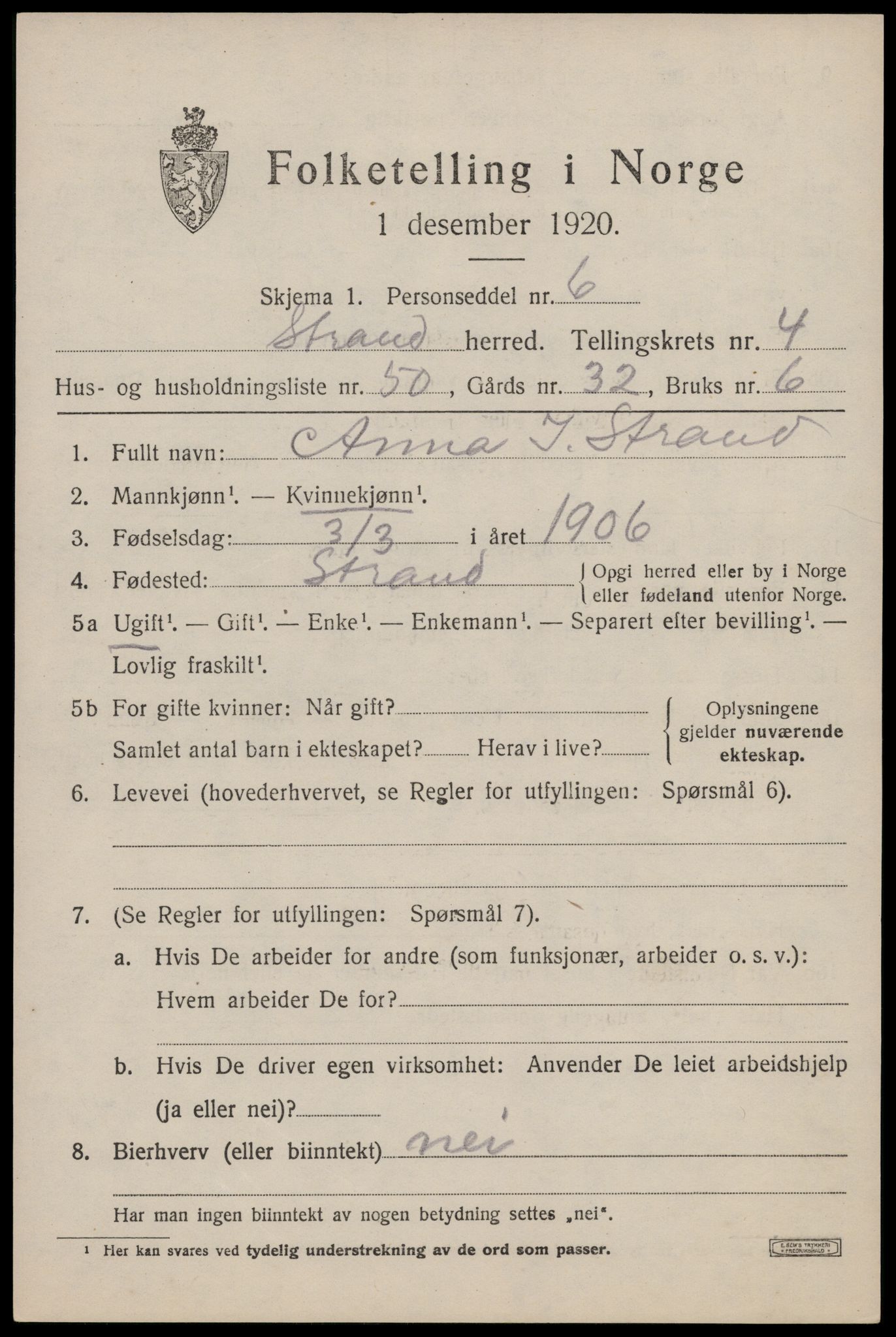 SAST, 1920 census for Strand, 1920, p. 3534