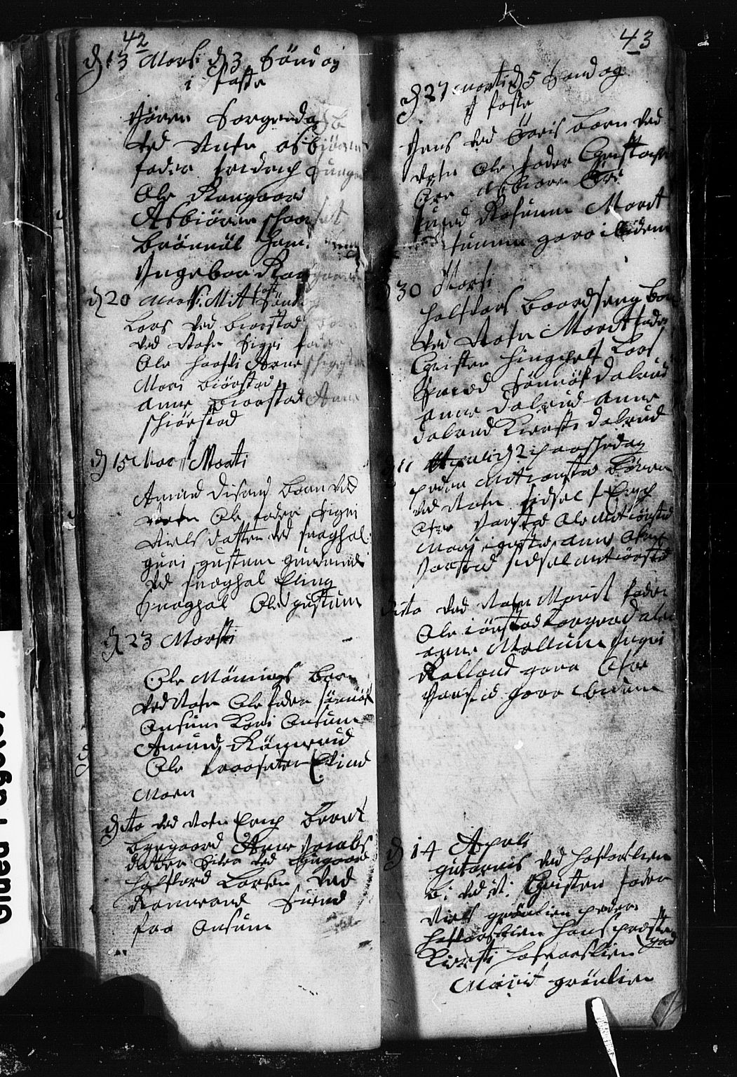 Fåberg prestekontor, SAH/PREST-086/H/Ha/Hab/L0001: Parish register (copy) no. 1, 1727-1767, p. 42-43