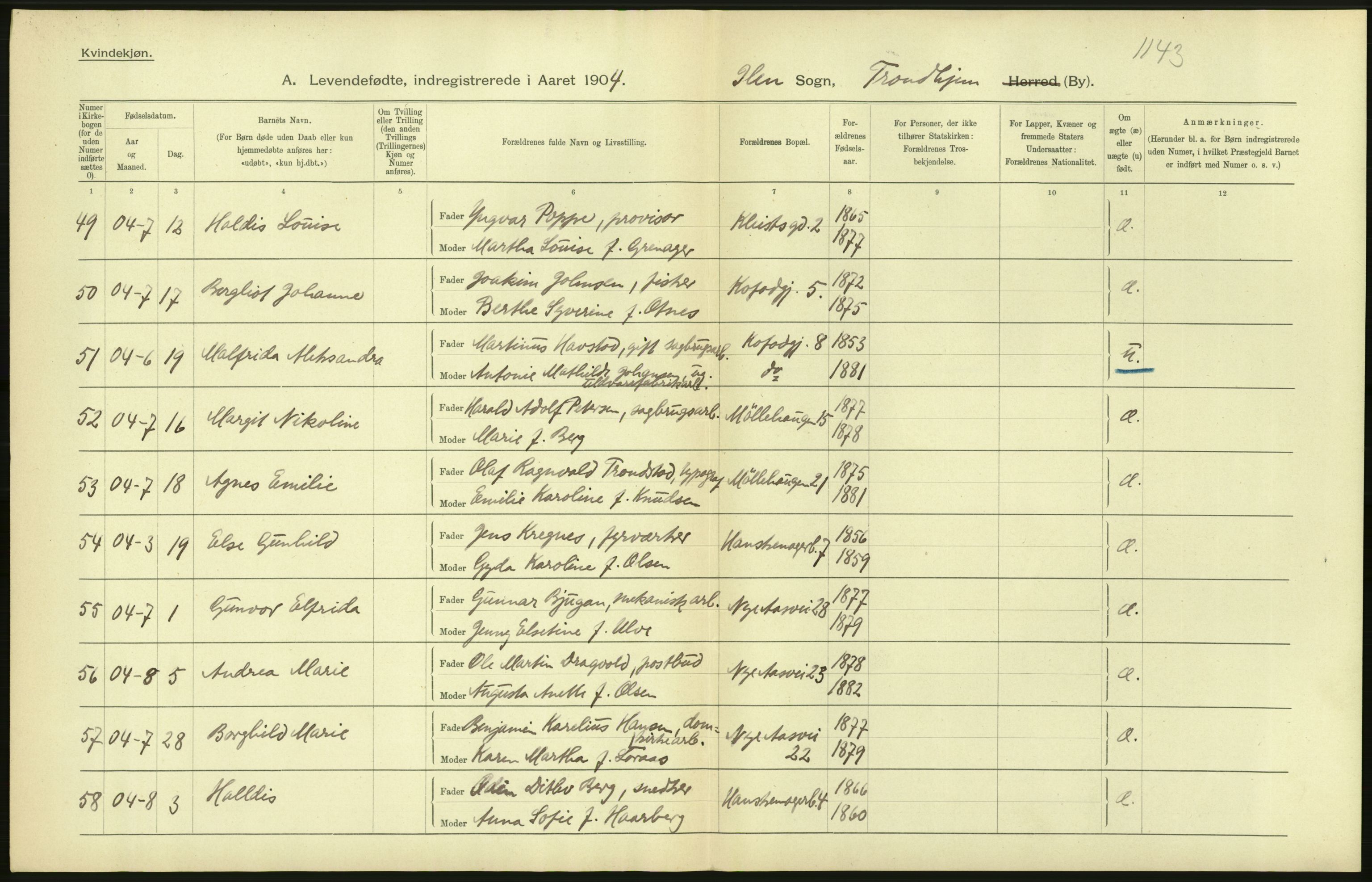 Statistisk sentralbyrå, Sosiodemografiske emner, Befolkning, AV/RA-S-2228/D/Df/Dfa/Dfab/L0018: Trondhjem: Fødte, gifte, døde., 1904, p. 174