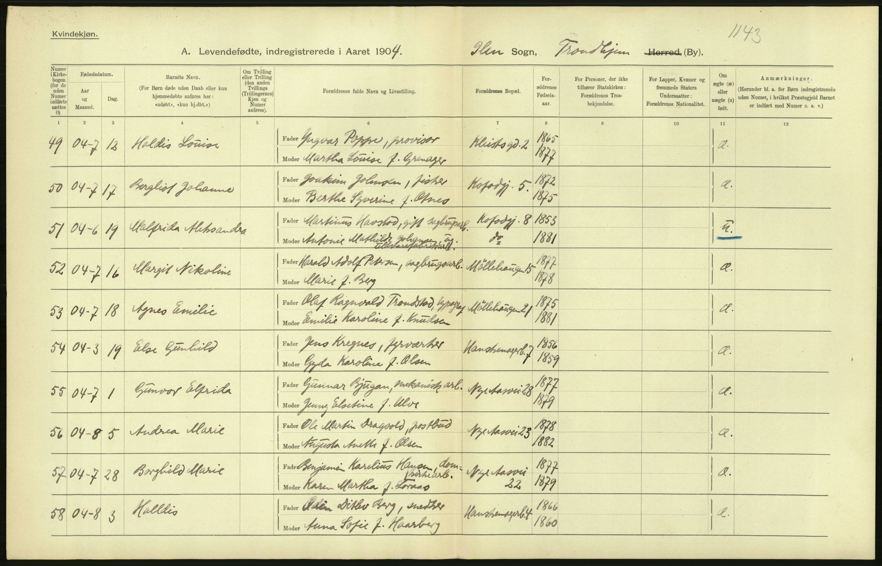 Statistisk sentralbyrå, Sosiodemografiske emner, Befolkning, RA/S-2228/D/Df/Dfa/Dfab/L0018: Trondhjem: Fødte, gifte, døde., 1904, p. 174