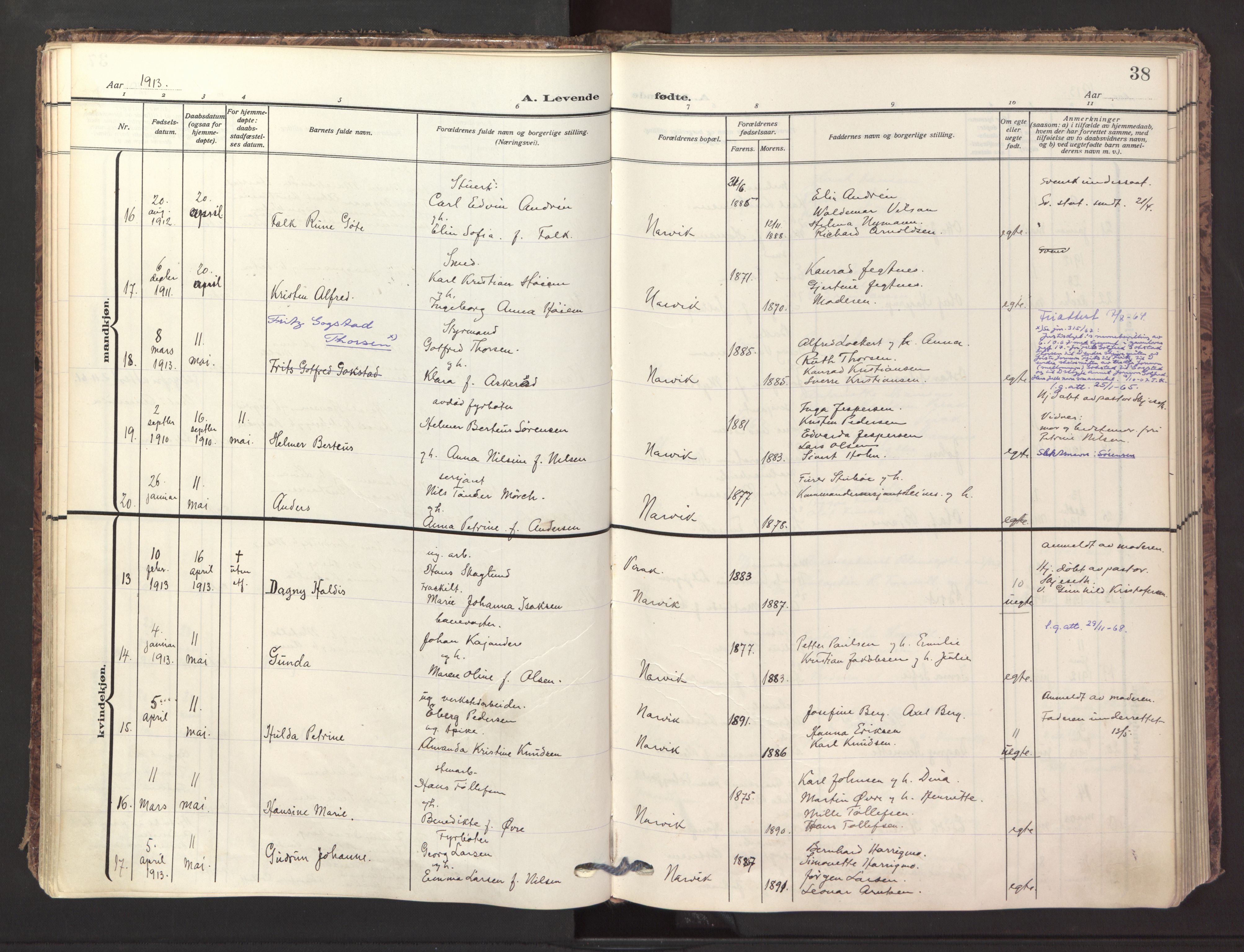 Ministerialprotokoller, klokkerbøker og fødselsregistre - Nordland, AV/SAT-A-1459/871/L1001: Parish register (official) no. 871A17, 1911-1921, p. 38