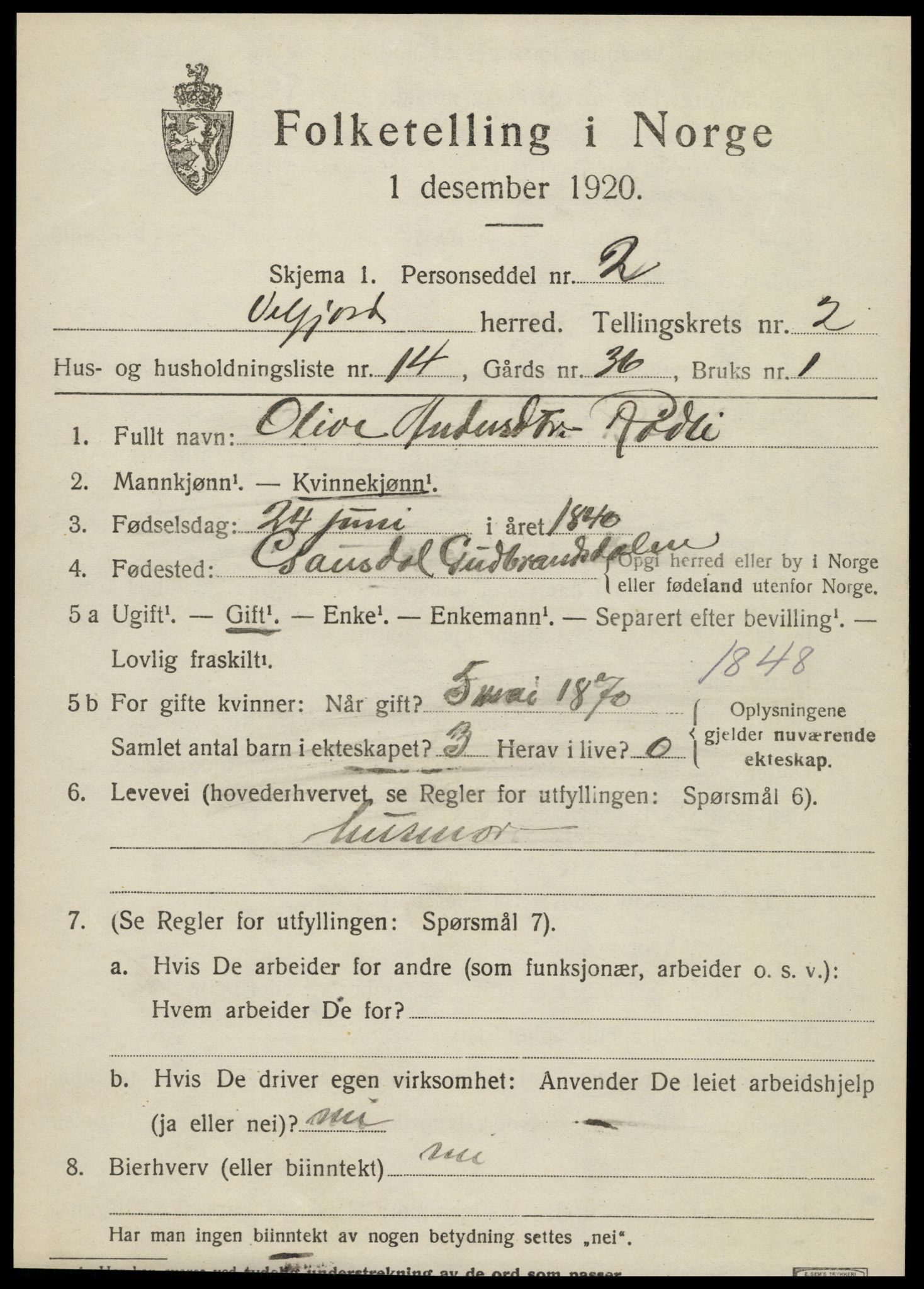 SAT, 1920 census for Velfjord, 1920, p. 1363