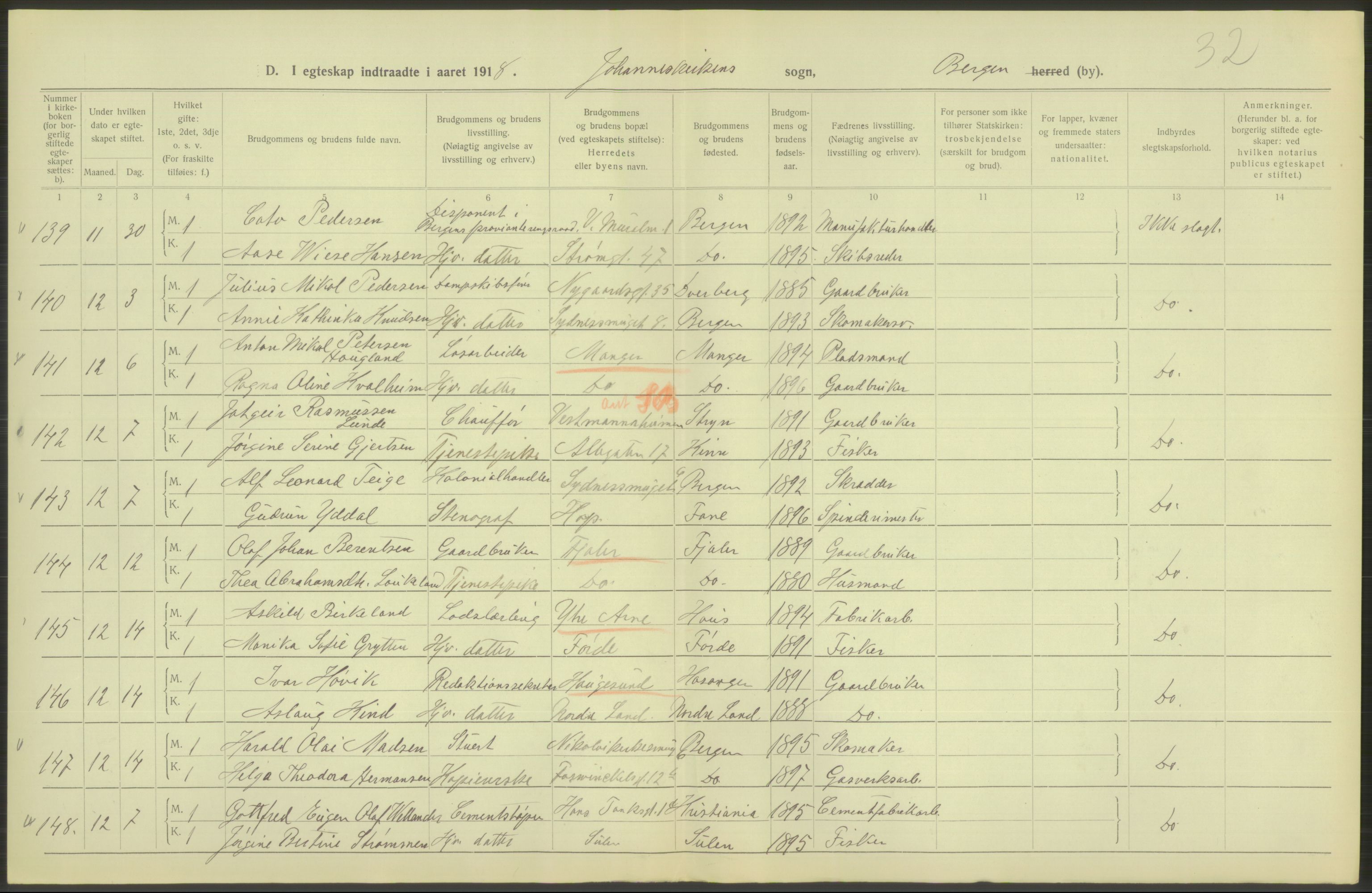 Statistisk sentralbyrå, Sosiodemografiske emner, Befolkning, AV/RA-S-2228/D/Df/Dfb/Dfbh/L0038: Bergen: Gifte, dødfødte., 1918, p. 232