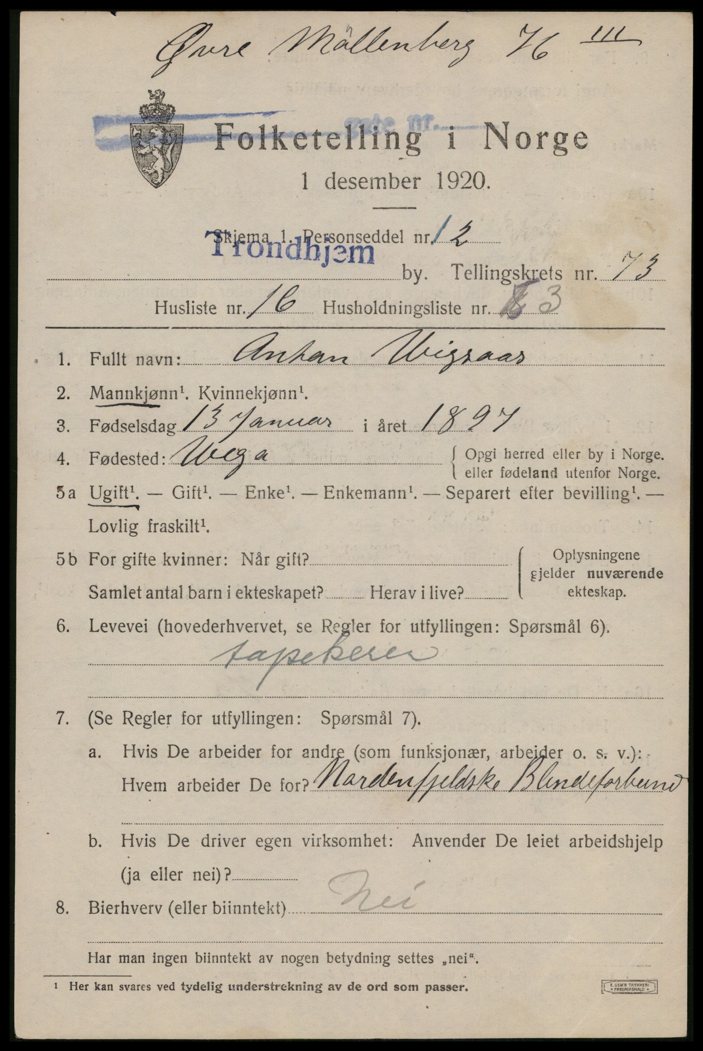 SAT, 1920 census for Trondheim, 1920, p. 143762