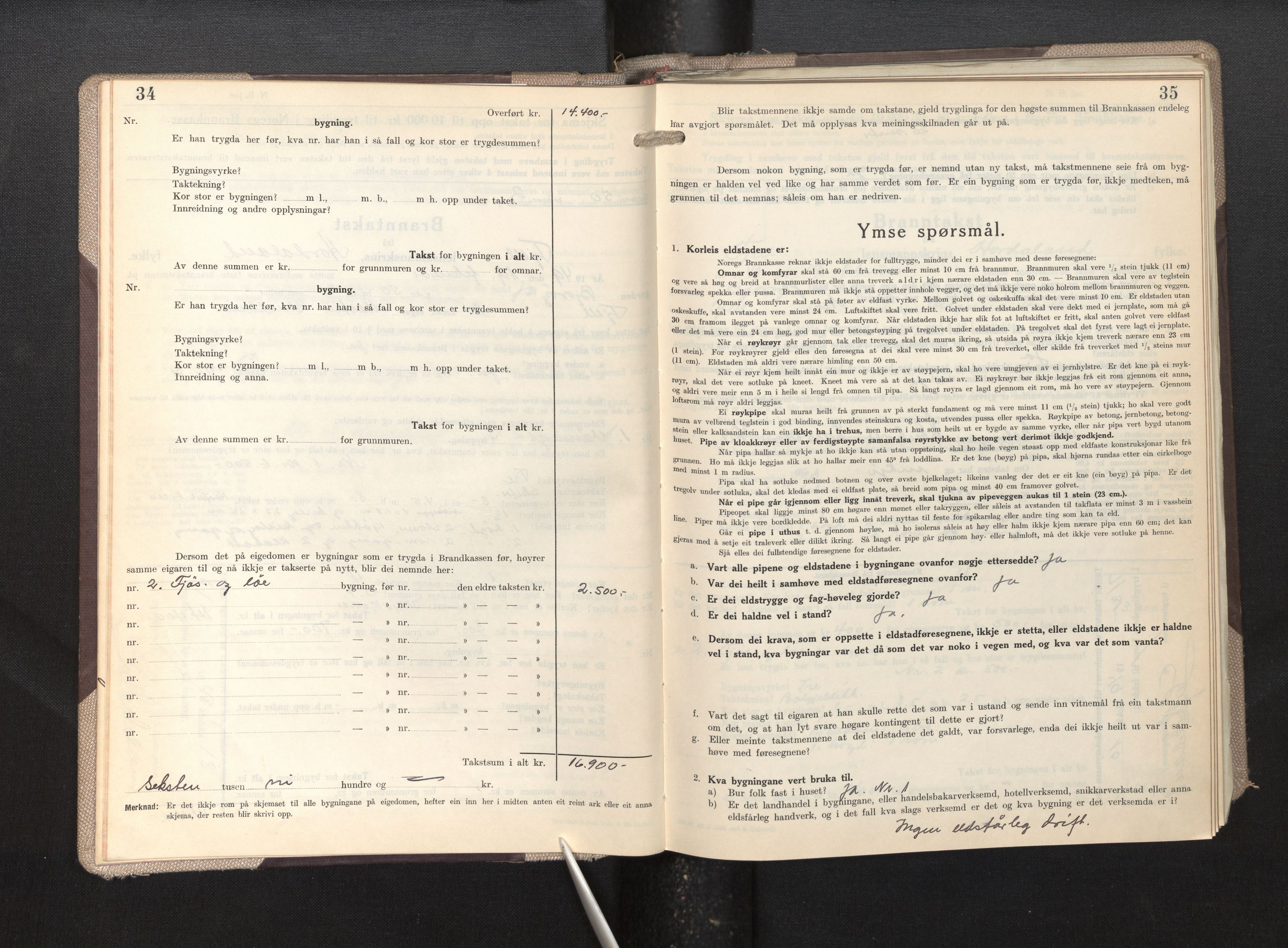 Lensmannen i Fjell, SAB/A-32301/0012/L0007: Branntakstprotokoll, skjematakst, 1946-1955, p. 34-35