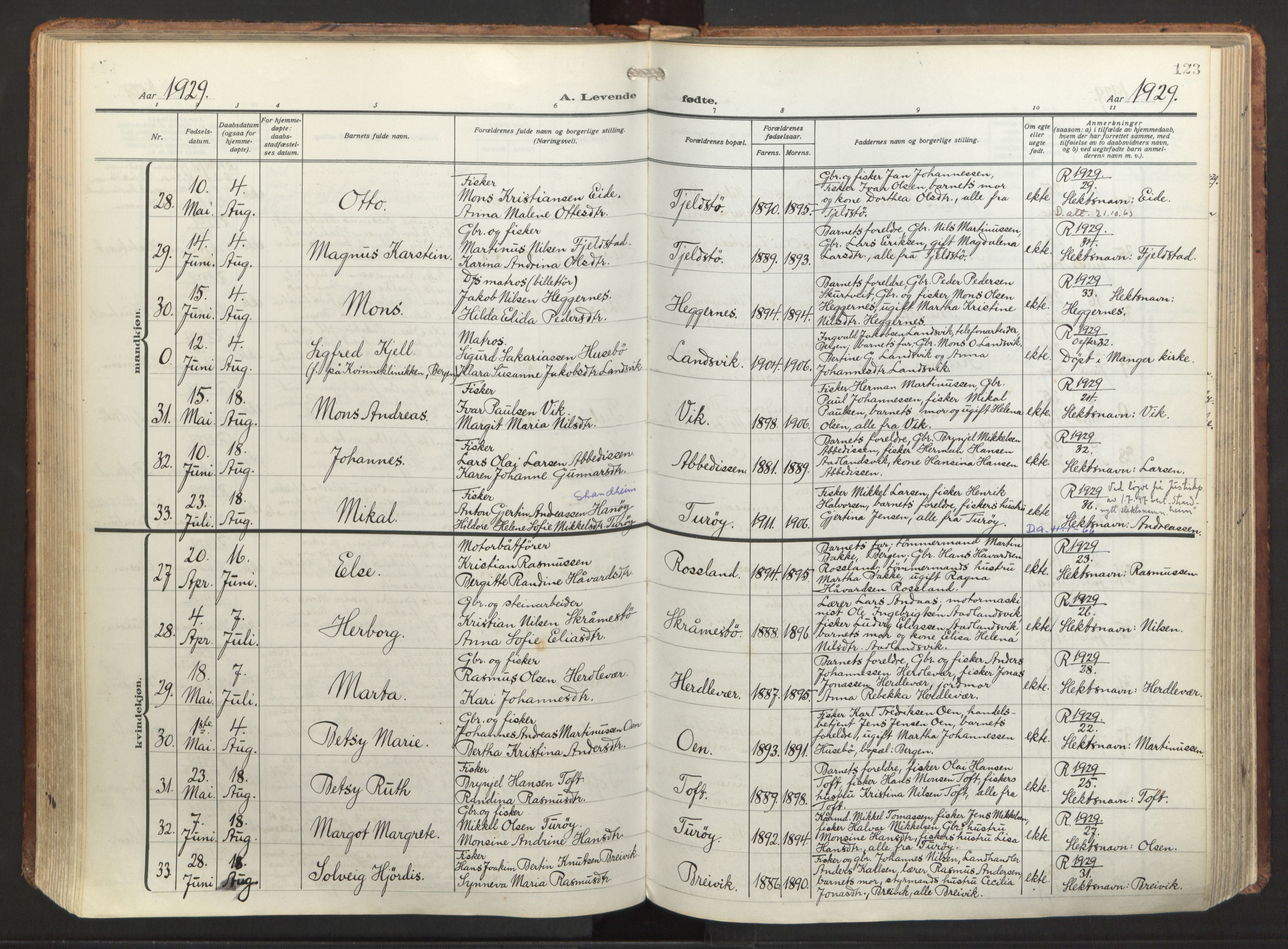Herdla Sokneprestembete, AV/SAB-A-75701/H/Haa: Parish register (official) no. A 6, 1918-1933, p. 123