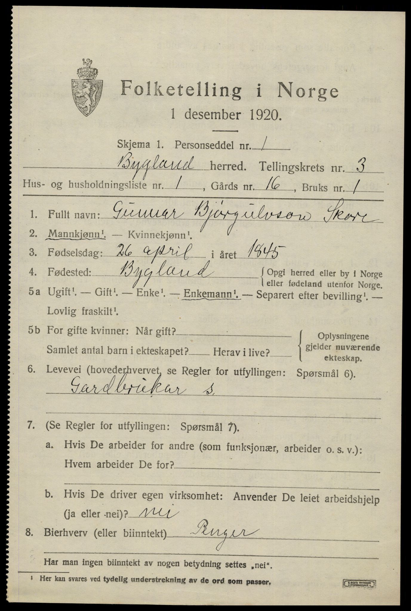 SAK, 1920 census for Bygland, 1920, p. 1461