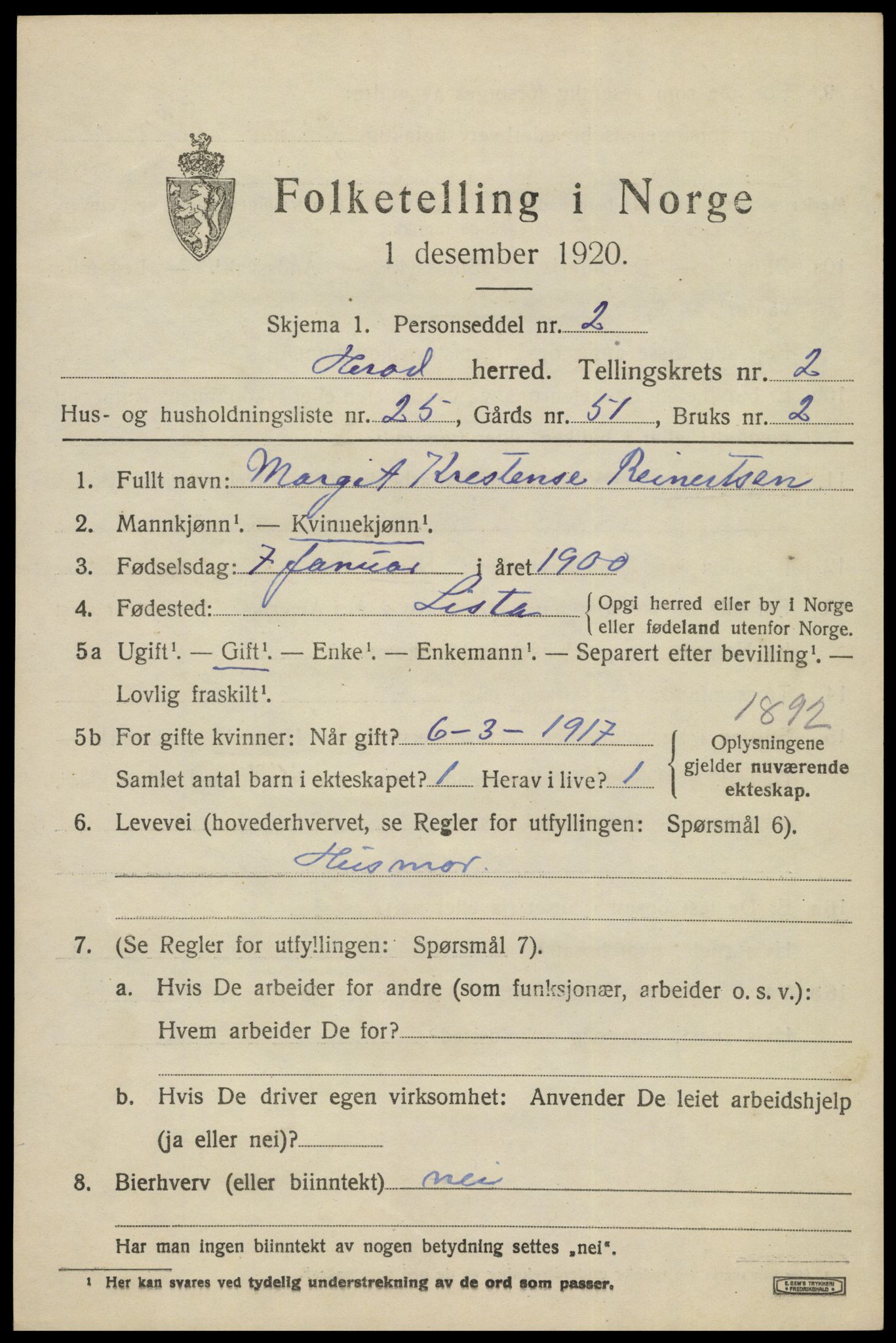 SAK, 1920 census for Herad, 1920, p. 1298