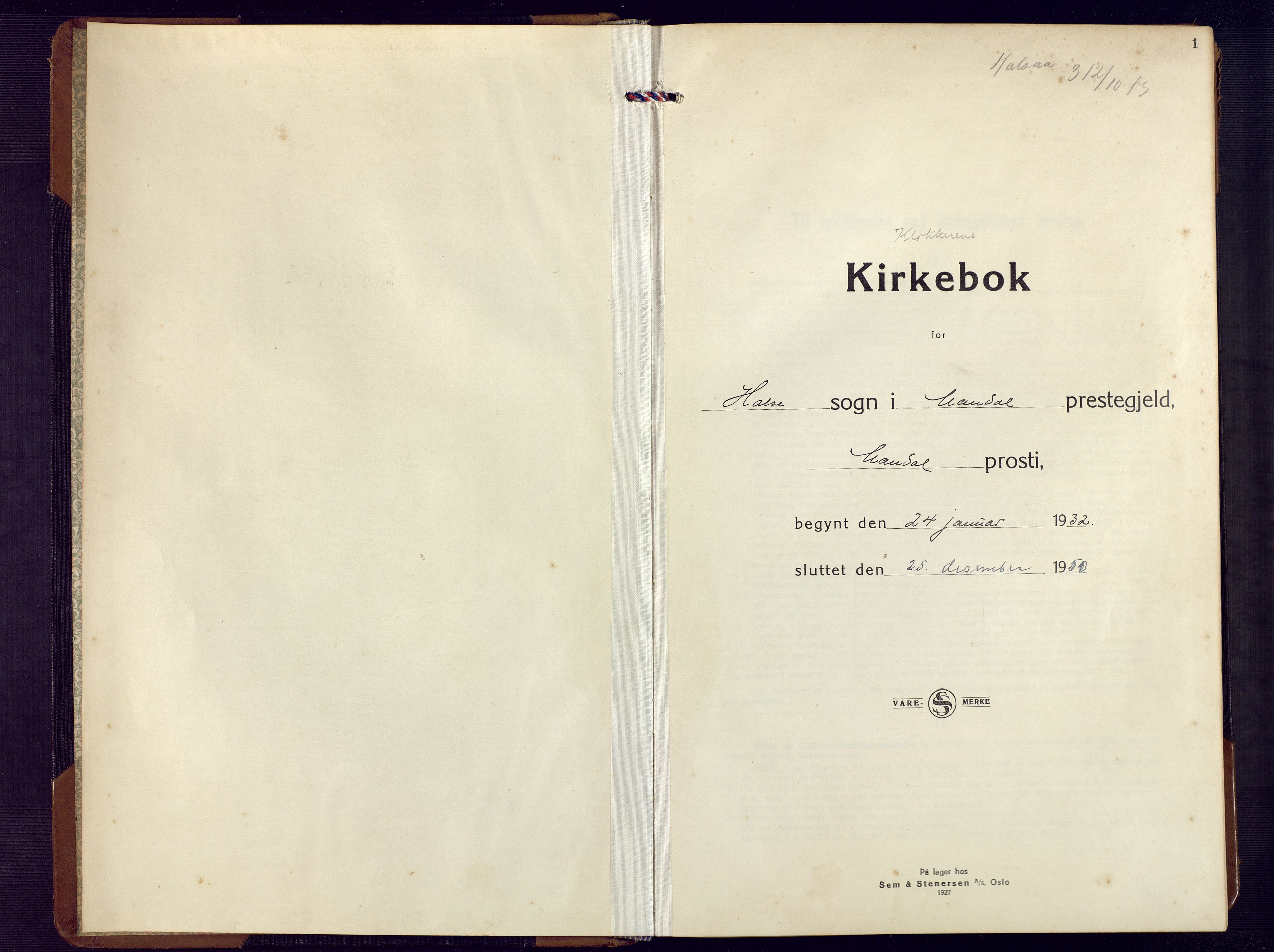 Mandal sokneprestkontor, AV/SAK-1111-0030/F/Fb/Fba/L0014: Parish register (copy) no. B 8, 1932-1952, p. 1