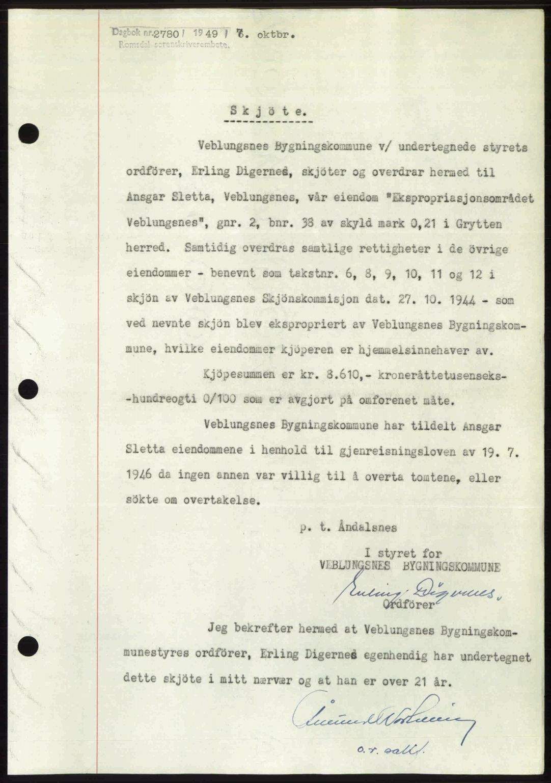 Romsdal sorenskriveri, AV/SAT-A-4149/1/2/2C: Mortgage book no. A31, 1949-1949, Diary no: : 2780/1949